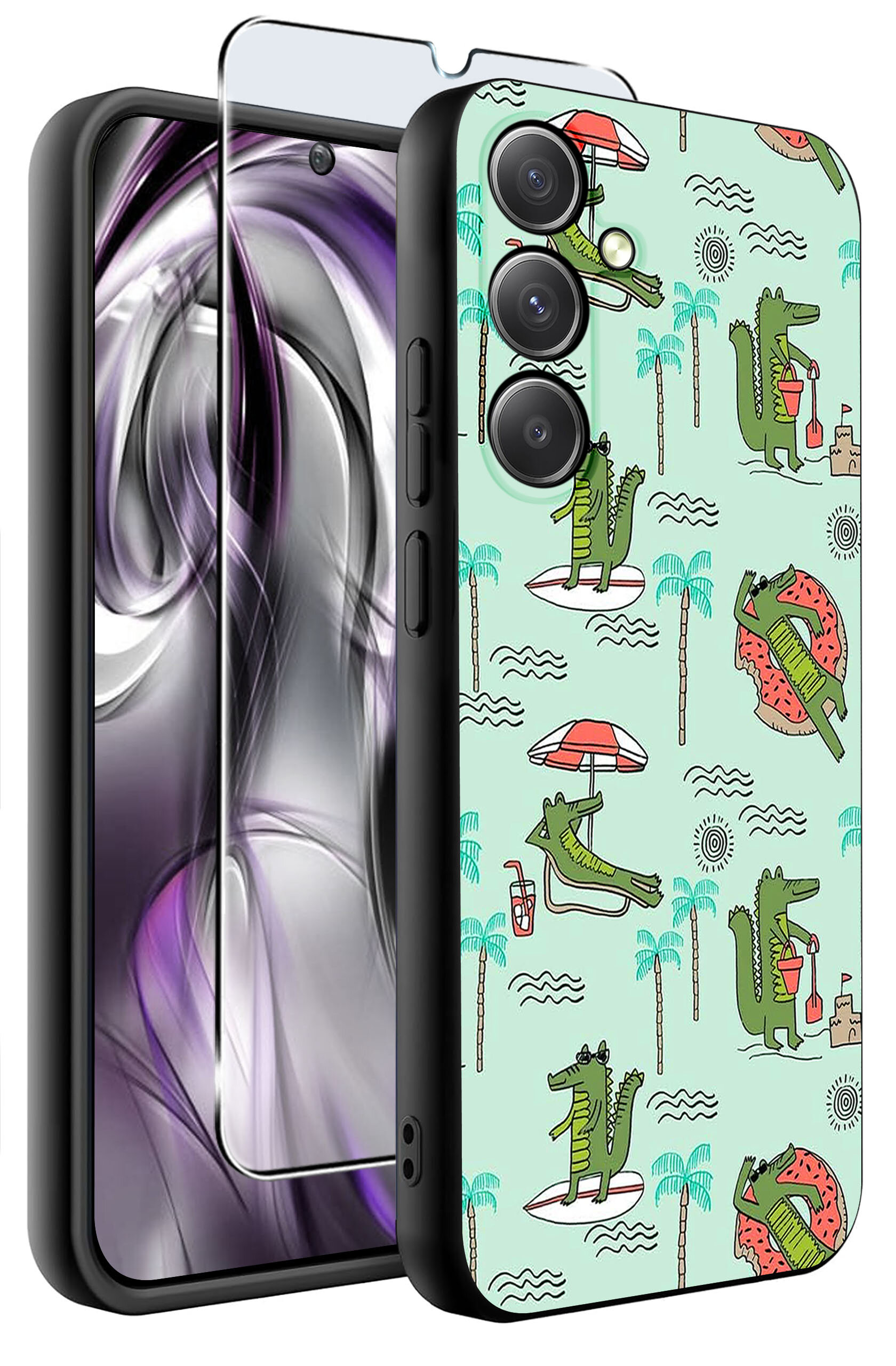Etui na telefon z wzorem przedstawiającym zielone krokodyle w różnych pozach na tle palm i plażowych motywów. Obok etui znajduje się szkło ochronne na ekran.