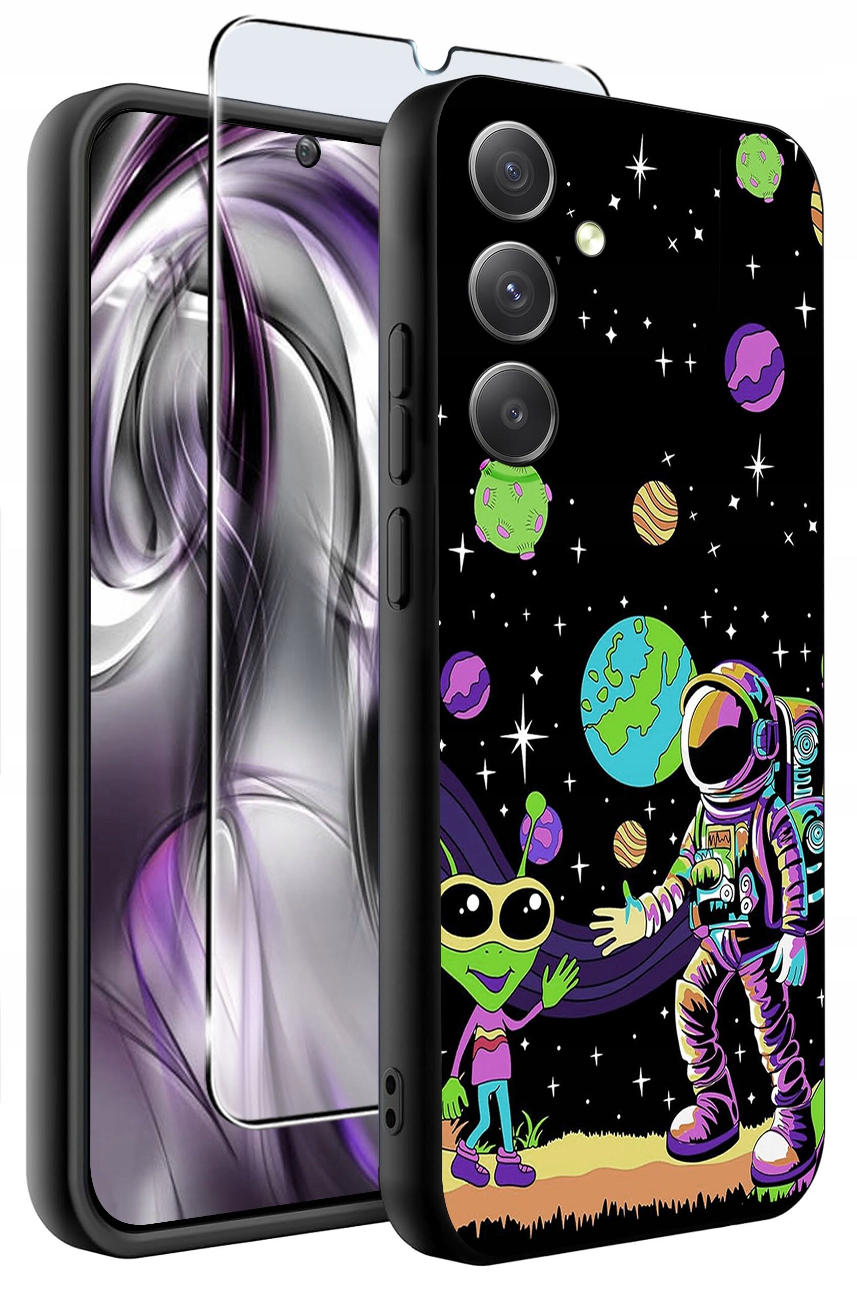 Etui na telefon z kolorowym wzorem przedstawiającym astronautę i kosmitę na tle planet i gwiazd. Obok etui znajduje się szkło ochronne na ekran.