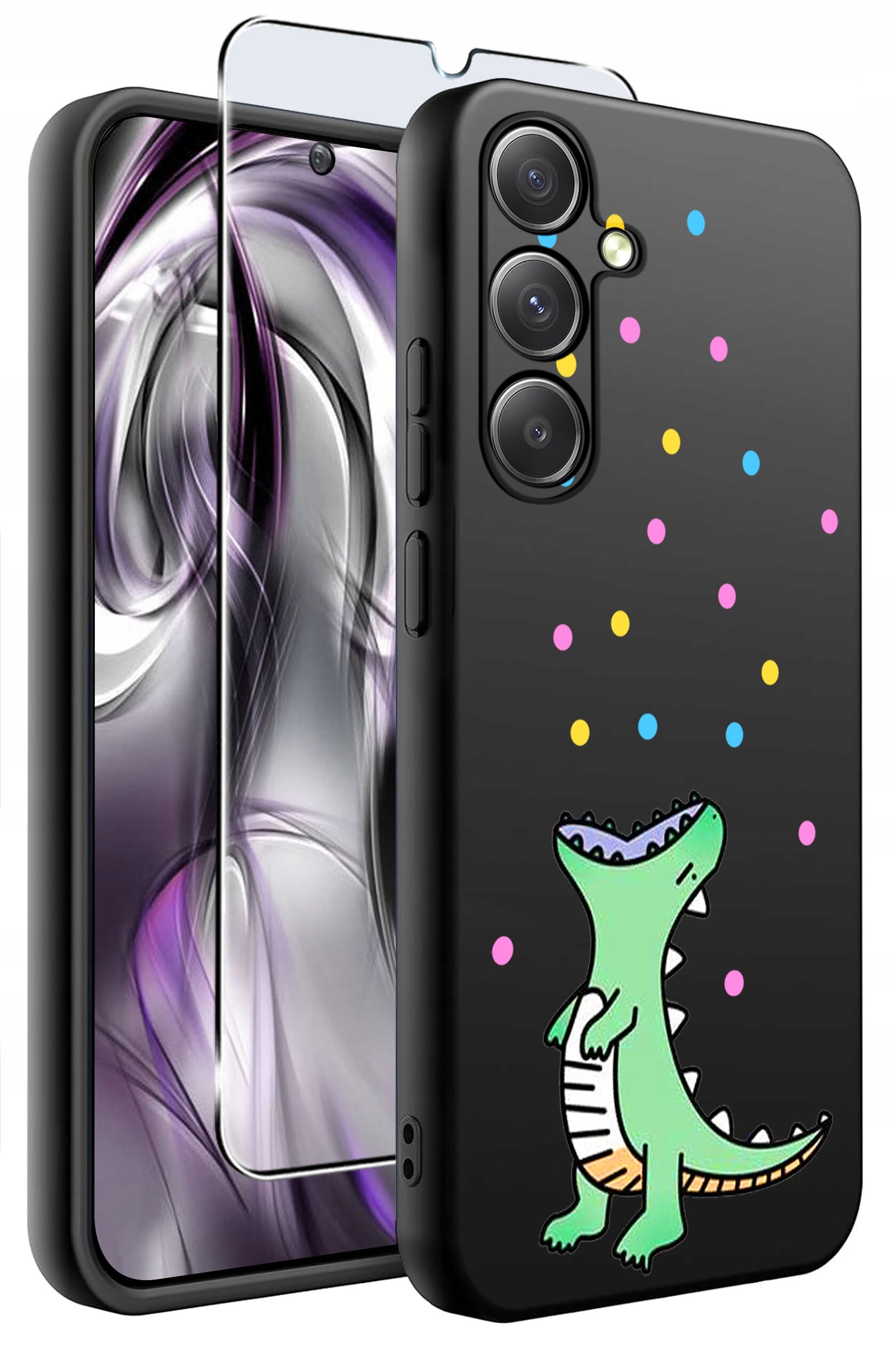 Czarne etui na telefon z kolorowym wzorem dinozaura i kolorowymi kropkami. Obok znajduje się szkło ochronne na ekran.