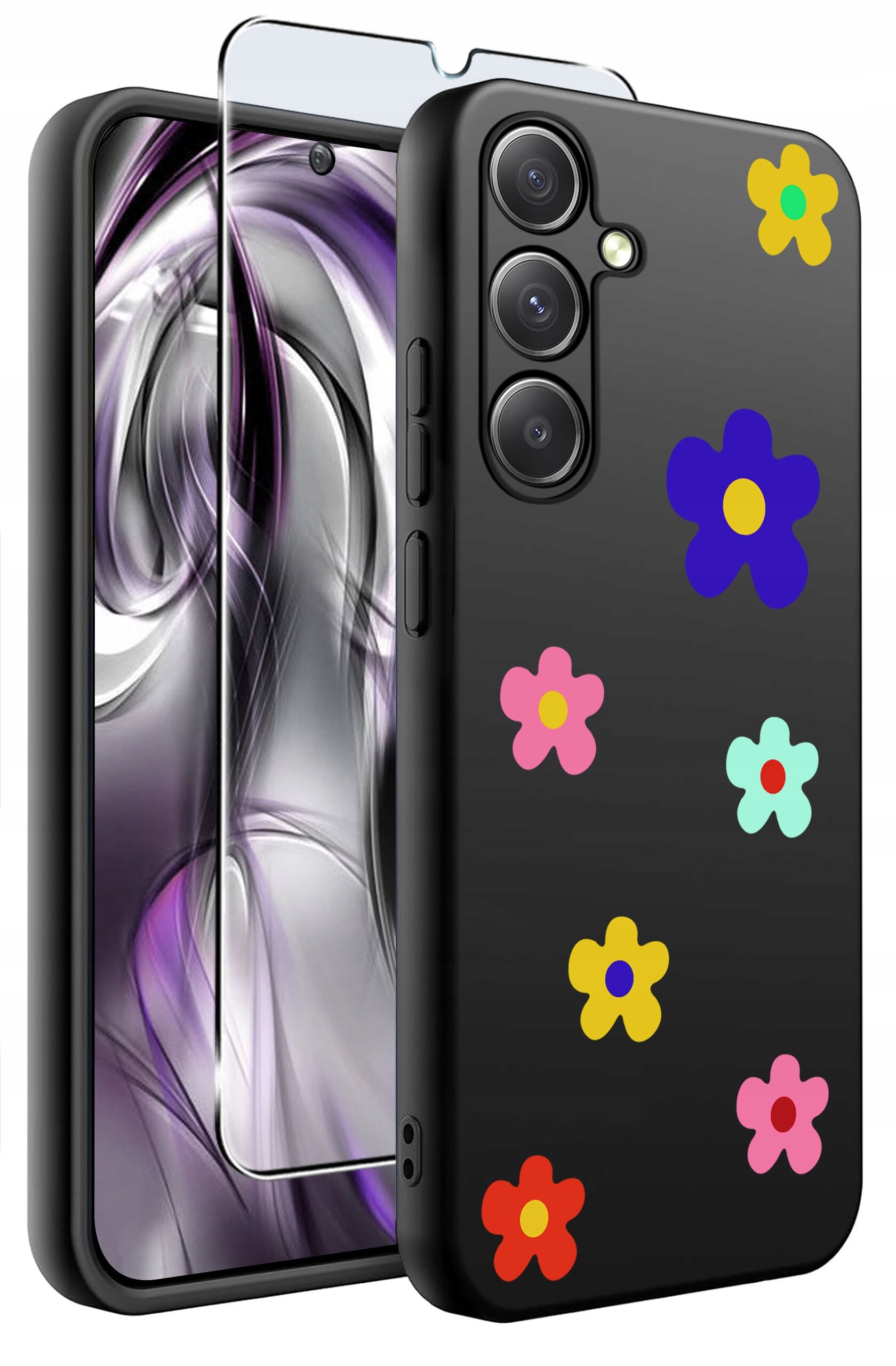 Czarne etui na telefon z kolorowymi kwiatowymi wzorami oraz szkło ochronne na ekran. Etui posiada wycięcia na aparat i przyciski boczne.