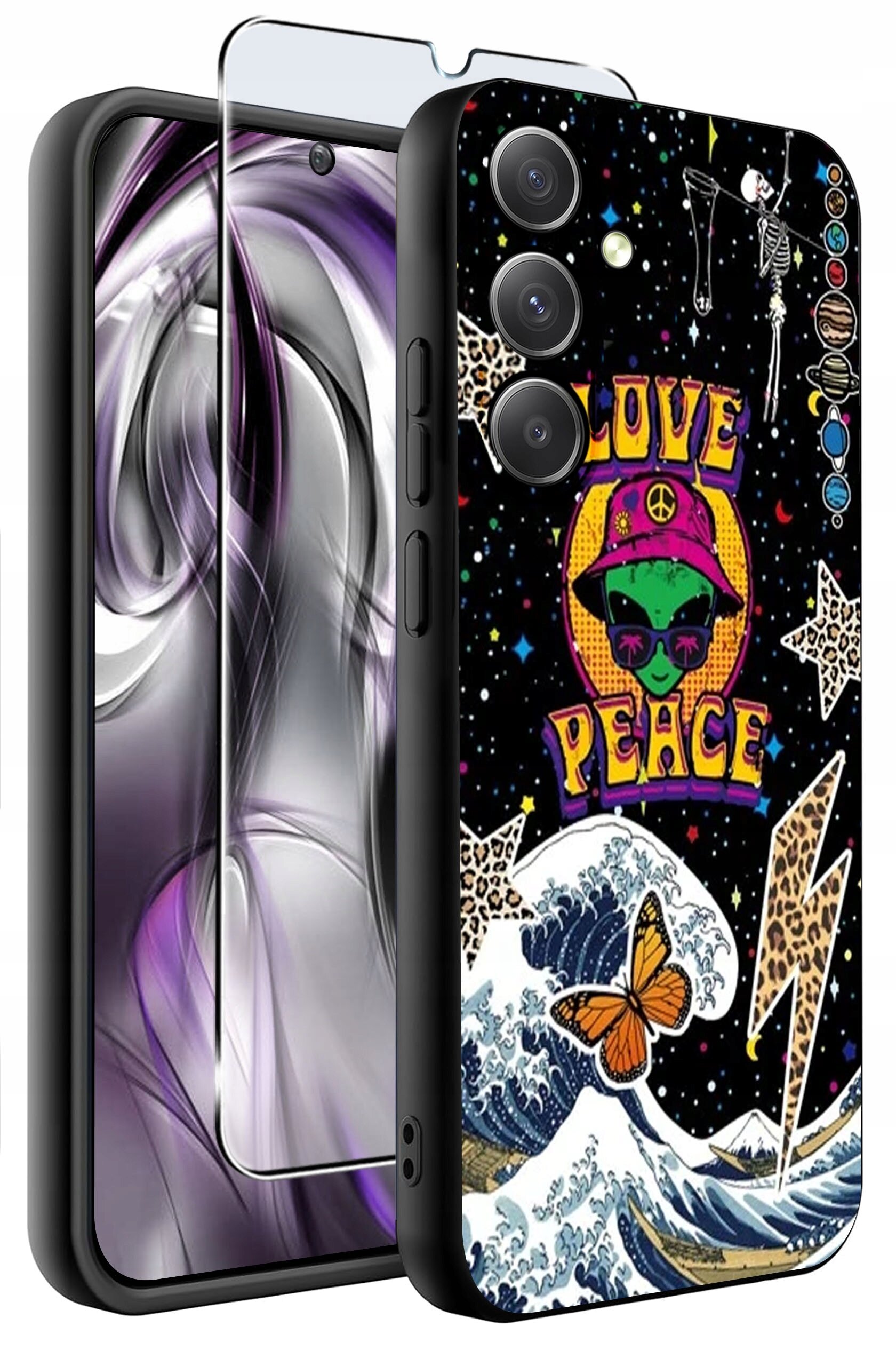 Etui na telefon z kolorowym wzorem przedstawiającym napis \'LOVE PEACE\', zieloną postać w czapce, motyla, fale i różne symbole na czarnym tle. Obok etui znajduje się szkło ochronne na ekran.