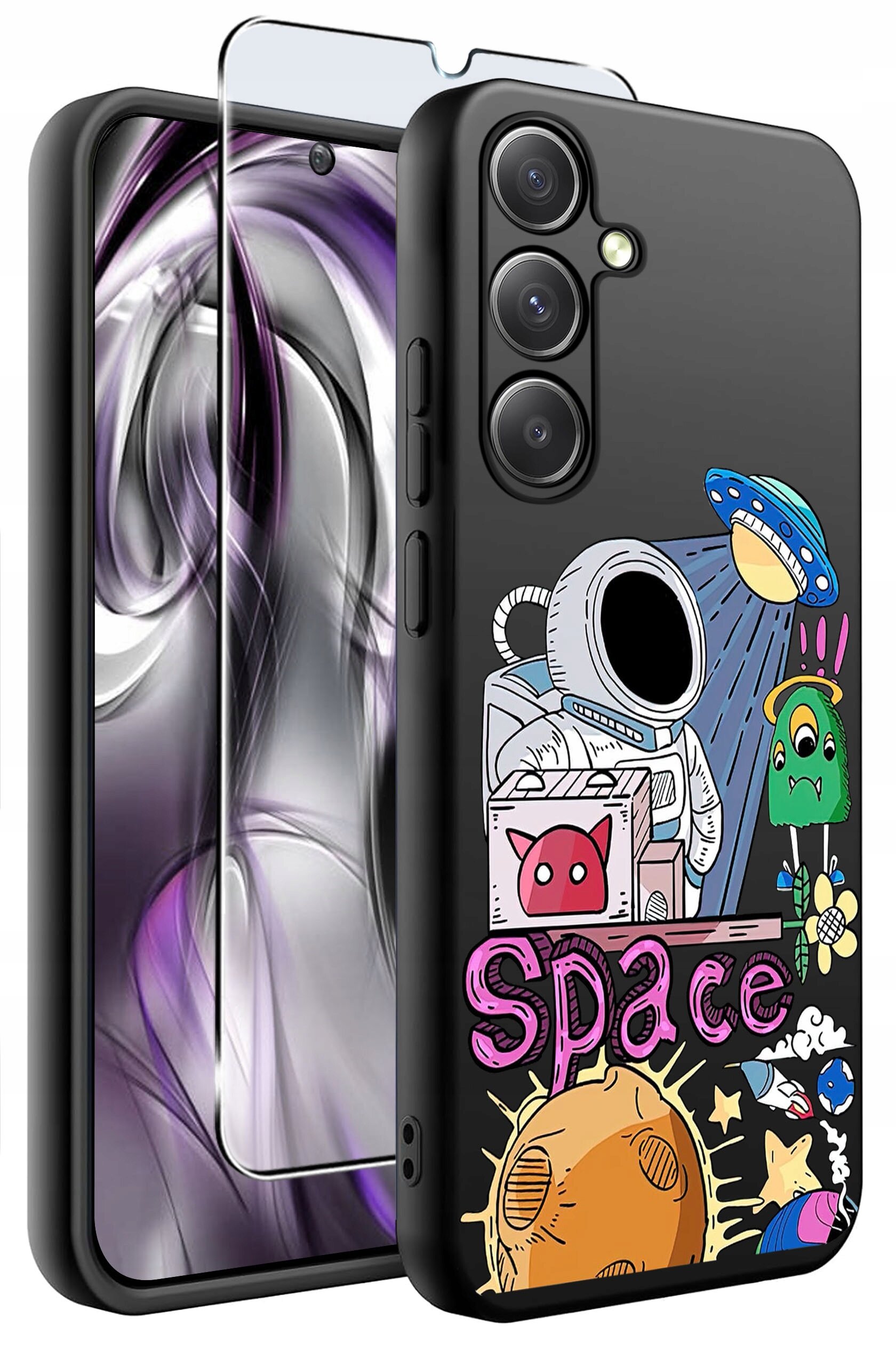 Czarne etui na telefon z kolorowym nadrukiem przedstawiającym kosmonautę, UFO i napisem \'Space\'. Obok etui znajduje się szkło ochronne na ekran.