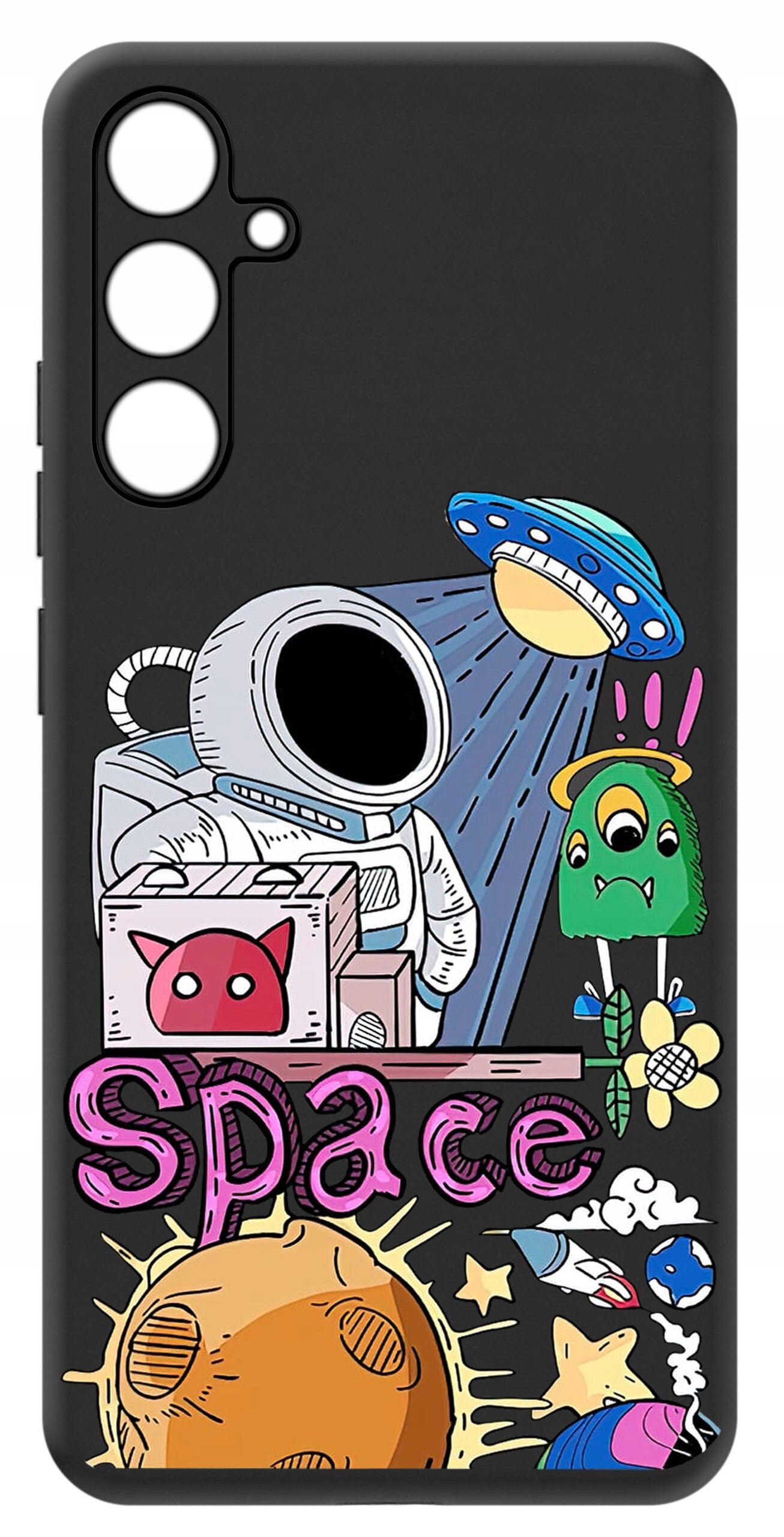 Czarne etui z kolorowym nadrukiem przedstawiającym astronautę, UFO, zielonego stworka i napis \'Space\'.