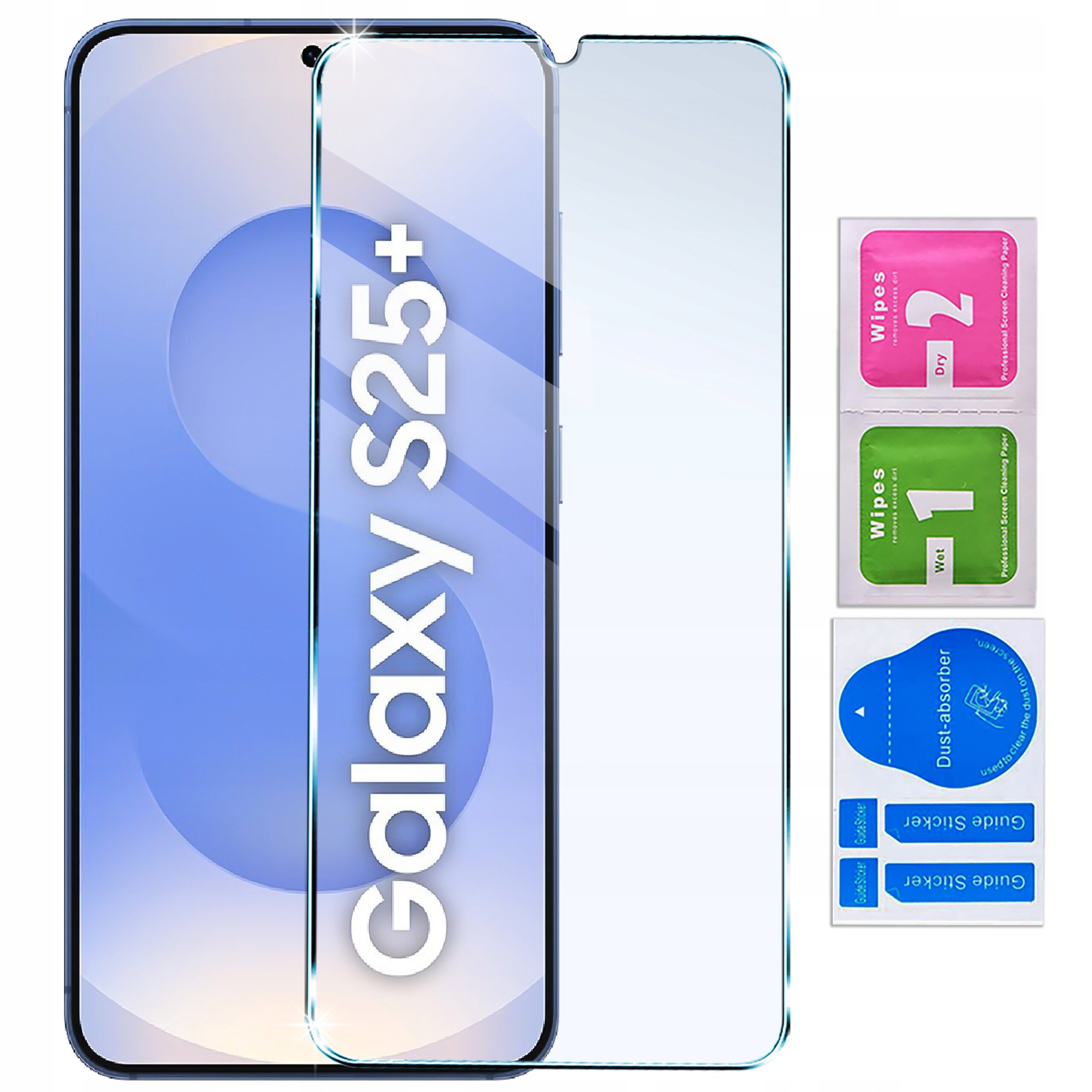 Na obrazie widoczny jest telefon z napisem \'Galaxy S25+\' oraz szkło ochronne na ekran. Obok znajdują się trzy saszetki z napisami: \'Wipes 2 Dry\', \'Wipes 1 Wet\' i \'Dust absorber\'.
