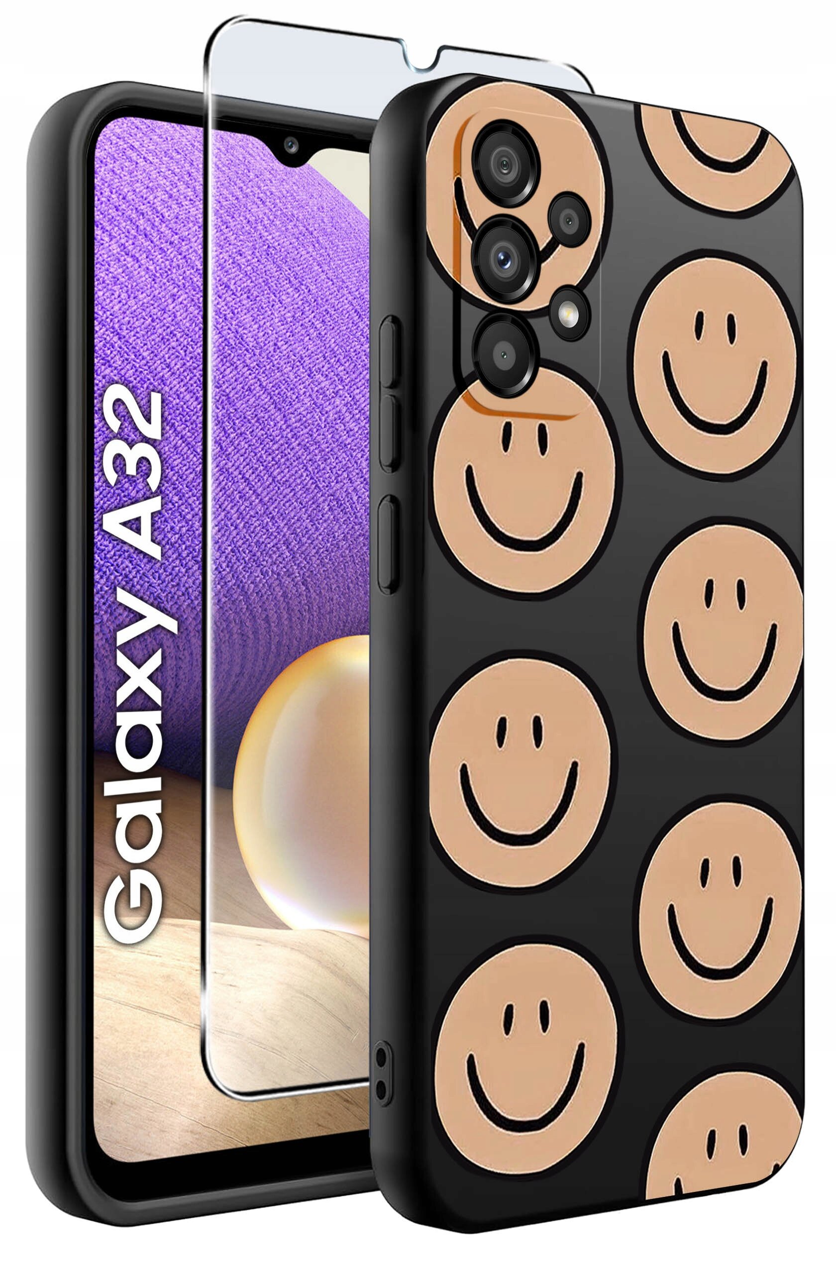 Etui na telefon z czarnym tłem i wzorem uśmiechniętych buziek oraz szkło ochronne na ekran. Obok widoczny jest telefon z napisem \'Galaxy A32\'.