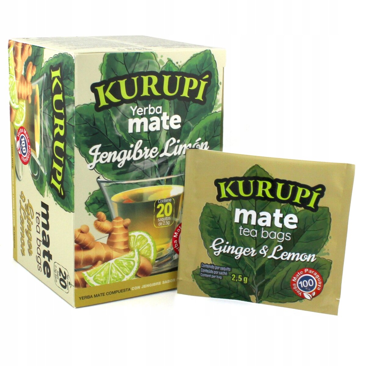 Opakowanie herbaty Kurupi Yerba Mate o smaku imbiru i cytryny, zawierające 20 saszetek po 2,5 g. Na opakowaniu widoczne są liście, plasterki cytryny i kawałki imbiru.