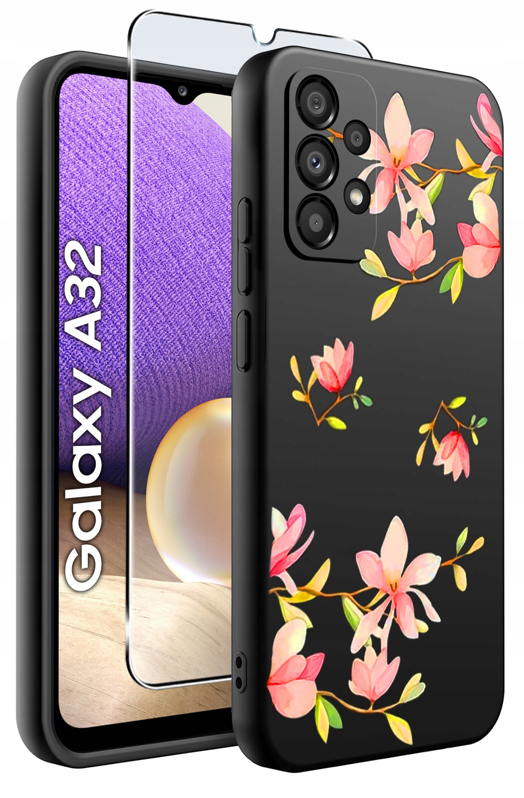 Obraz przedstawia czarne etui na telefon z kolorowym wzorem kwiatów oraz szkło ochronne. Na ekranie telefonu widoczny jest napis \'Galaxy A32\'.