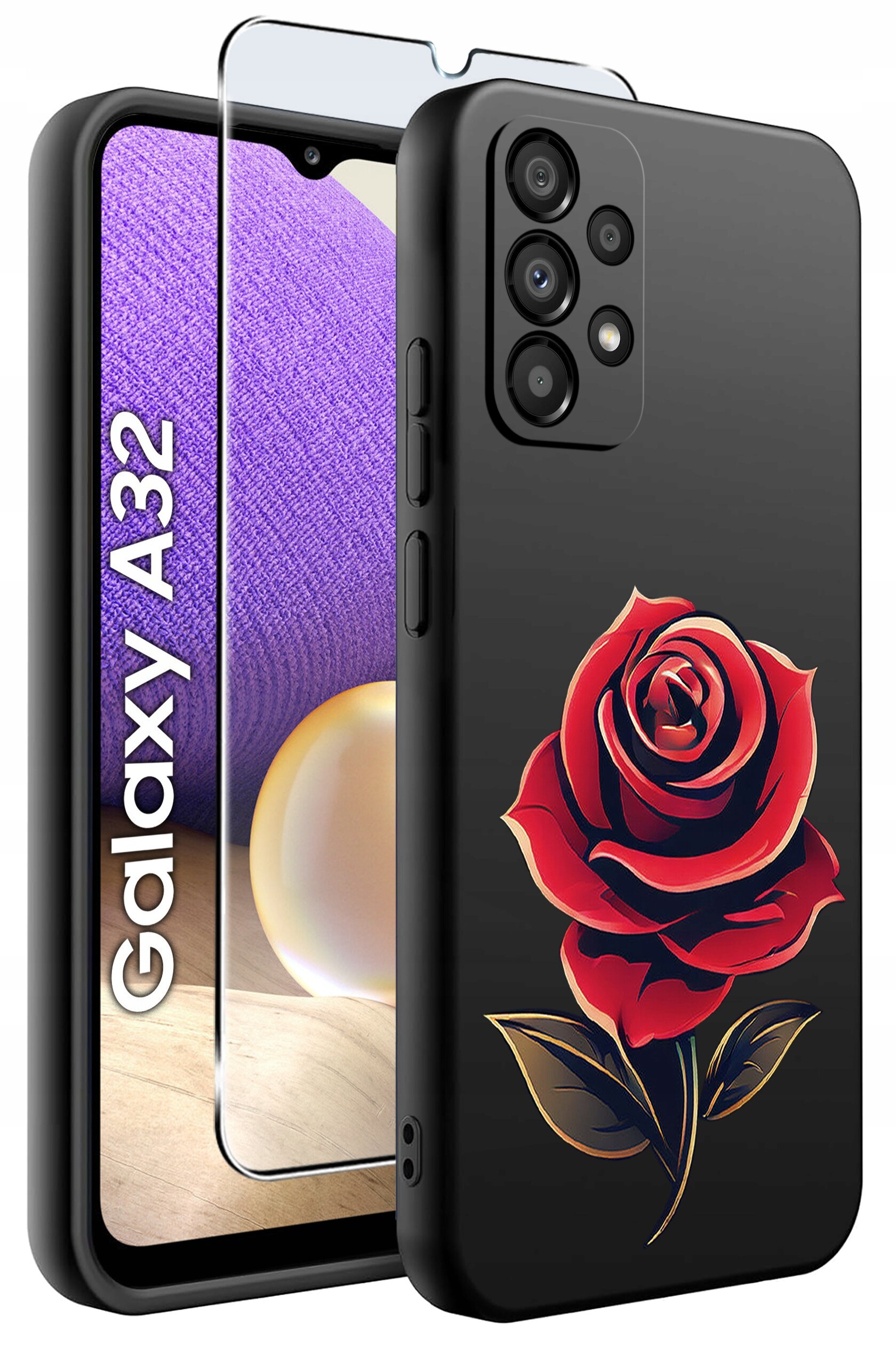 Obraz przedstawia czarne silikonowe etui z czerwonym wzorem róży oraz szkło ochronne na telefon Samsung Galaxy A32 4G. Na ekranie telefonu widoczny jest napis \'Galaxy A32\'.