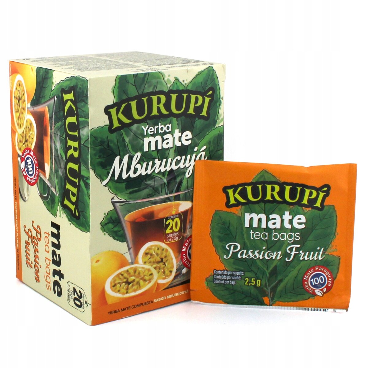 Opakowanie Yerba Mate Kurupi z napisem \'Yerba mate Mburucuya\' oraz saszetka z napisem \'mate tea bags Passion Fruit\'.
