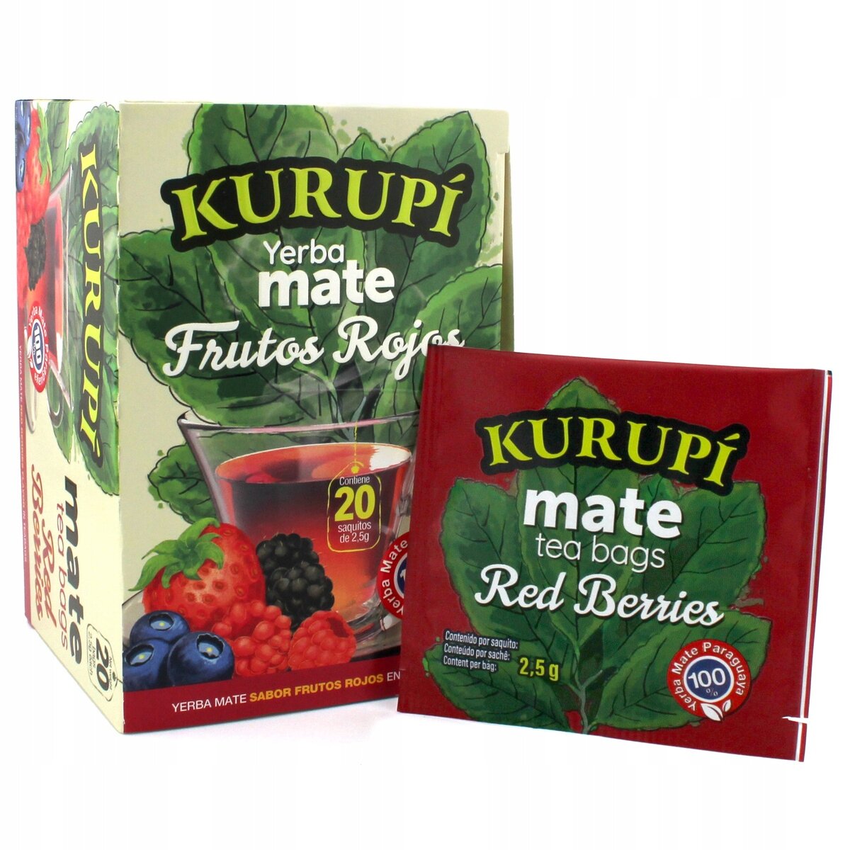 Opakowanie Yerba Mate Kurupi Frutos Rojos oraz saszetka Kurupi mate tea bags Red Berries. Na opakowaniu widoczne są liście oraz owoce, a także informacja o zawartości 20 saszetek po 2,5 g.