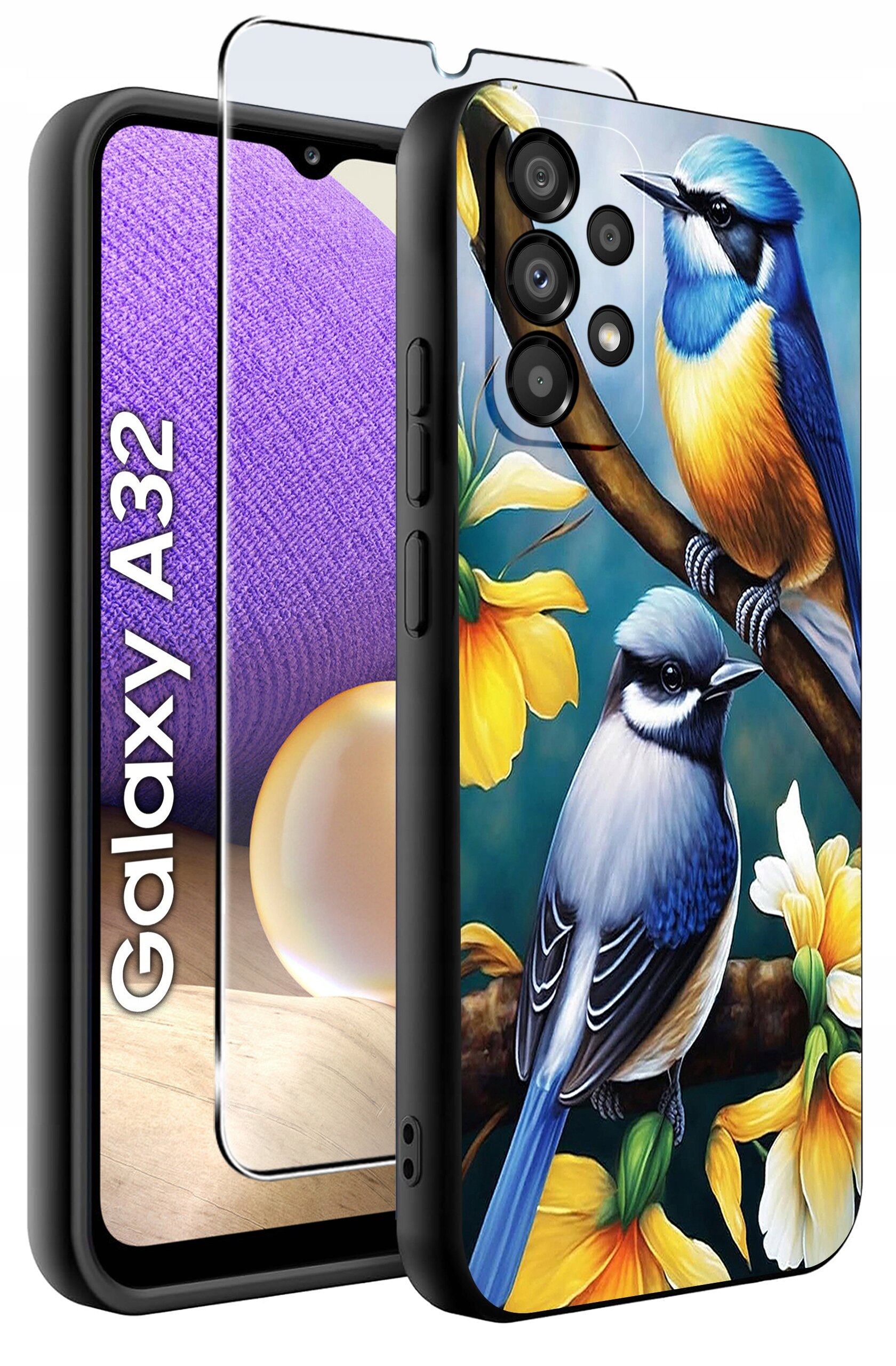 Etui na telefon z kolorowym wzorem ptaków siedzących na gałęzi z żółtymi kwiatami. Obok widoczny jest napis \'Galaxy A32\' oraz szkło ochronne na ekran.