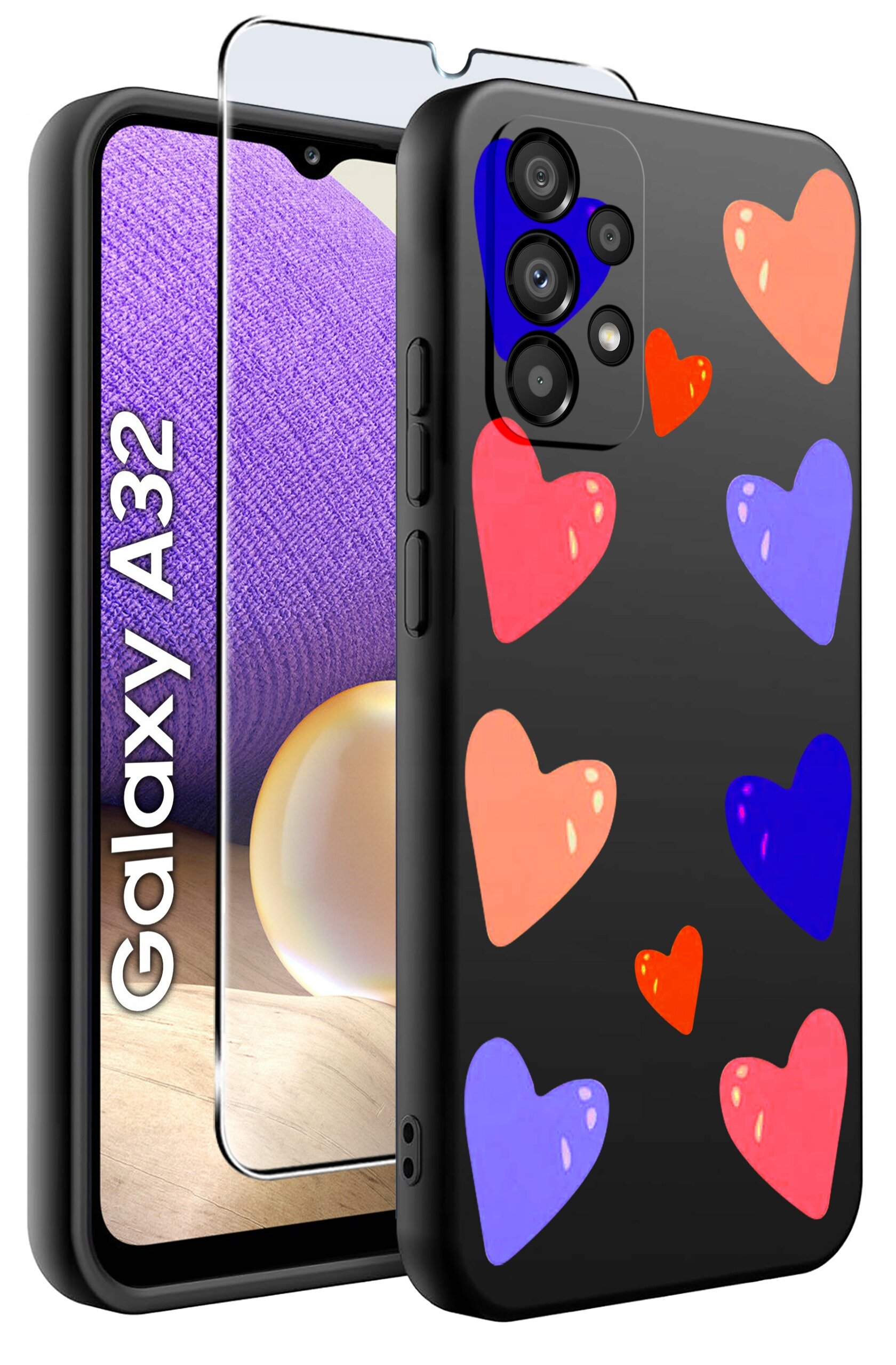 Obraz przedstawia etui na telefon z kolorowymi sercami oraz szkło ochronne. Na ekranie telefonu widoczny jest napis \'Galaxy A32\'.