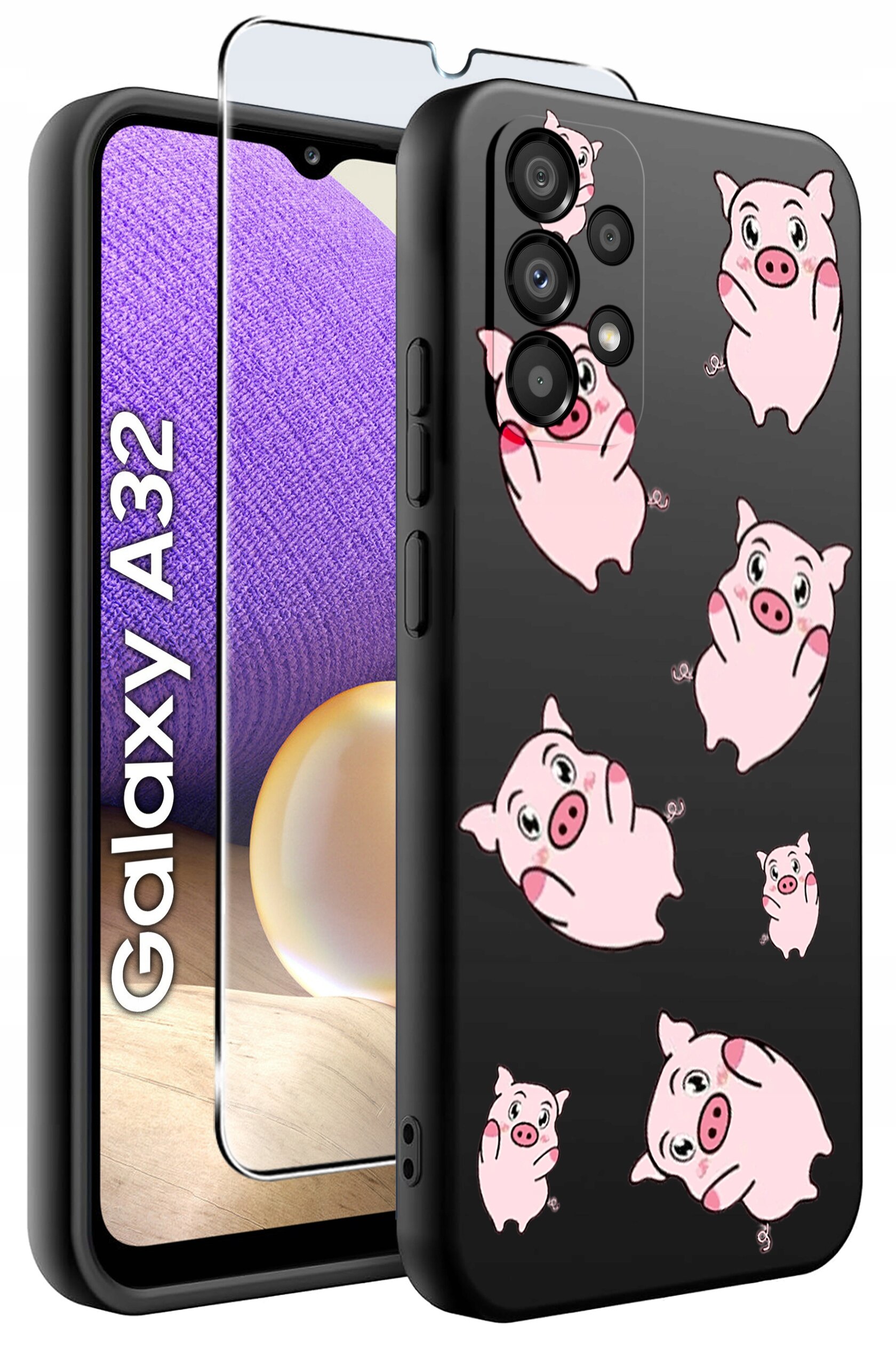 Etui na telefon z motywem różowych świnek na czarnym tle, obok znajduje się szkło ochronne. Widoczny napis: \'Galaxy A32\'.