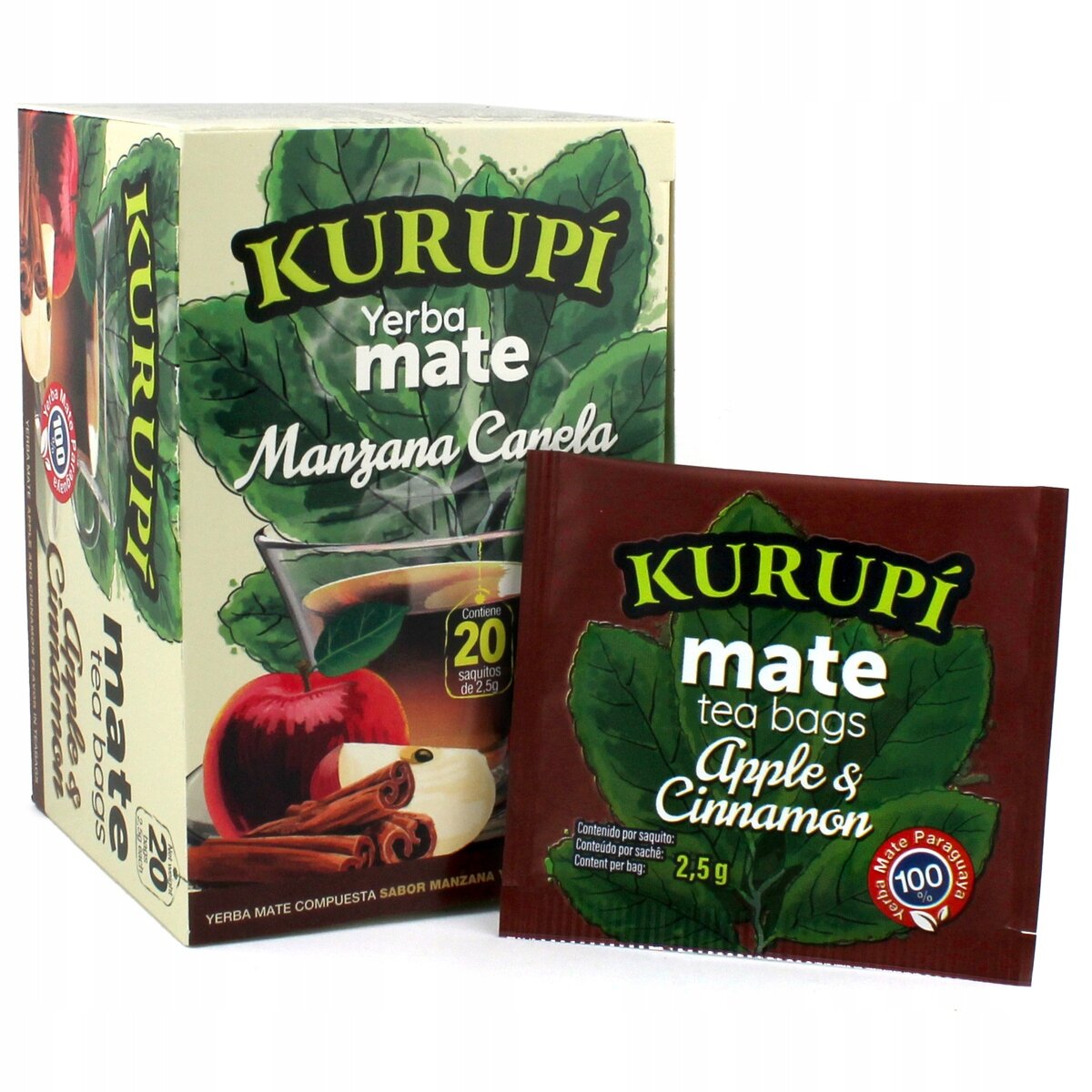 Opakowanie Yerba Mate Kurupi Manzana Canela z widocznymi liśćmi, jabłkiem i cynamonem oraz saszetka z napisem \'Kurupi mate tea bags Apple & Cinnamon\'.