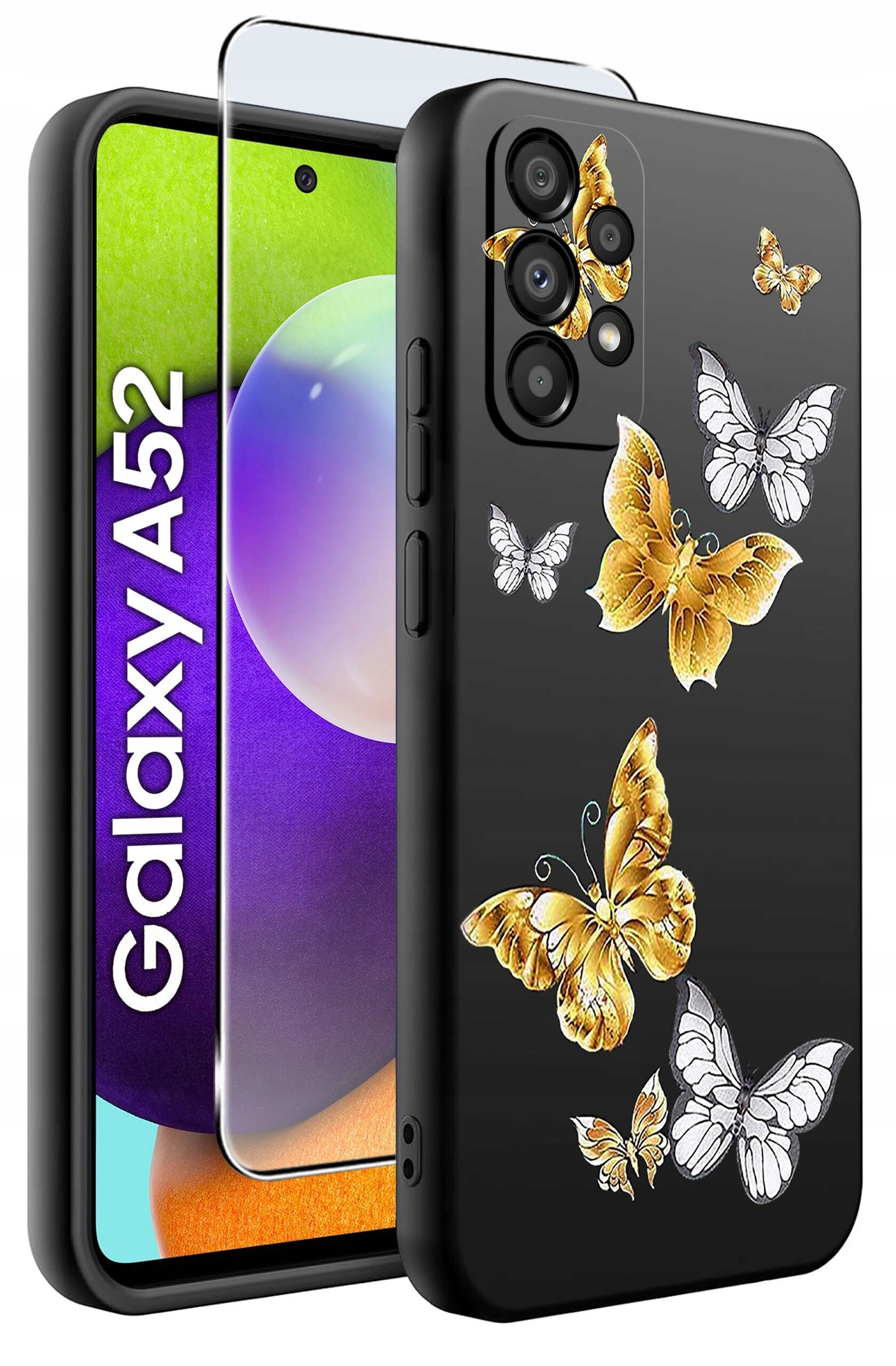 Obraz przedstawia czarne etui na telefon z wzorem złotych i białych motyli. Obok etui widoczny jest telefon z napisem \'Galaxy A52\'.