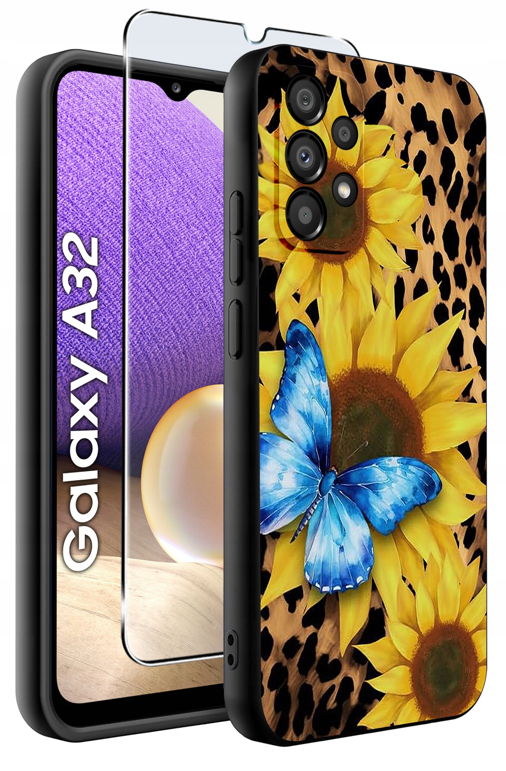 Etui na telefon z motywem słoneczników i niebieskiego motyla na tle w cętki, obok widoczna szybka ochronna. Tekst na obrazie: \'Galaxy A32\'.