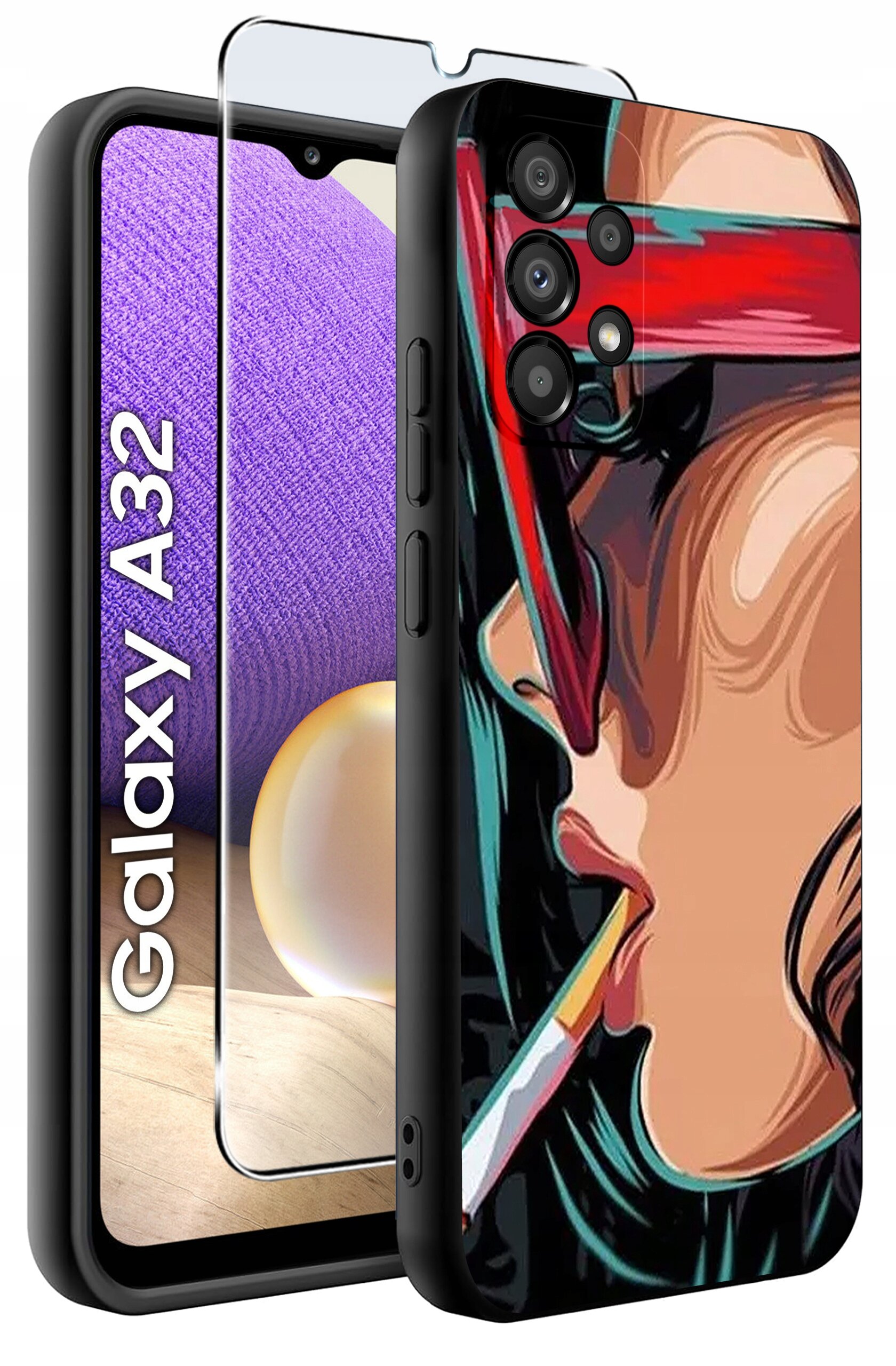 Etui na telefon z kolorowym wzorem przedstawiającym postać w okularach przeciwsłonecznych oraz szkło ochronne. Obok widoczny jest napis \'Galaxy A32\'.