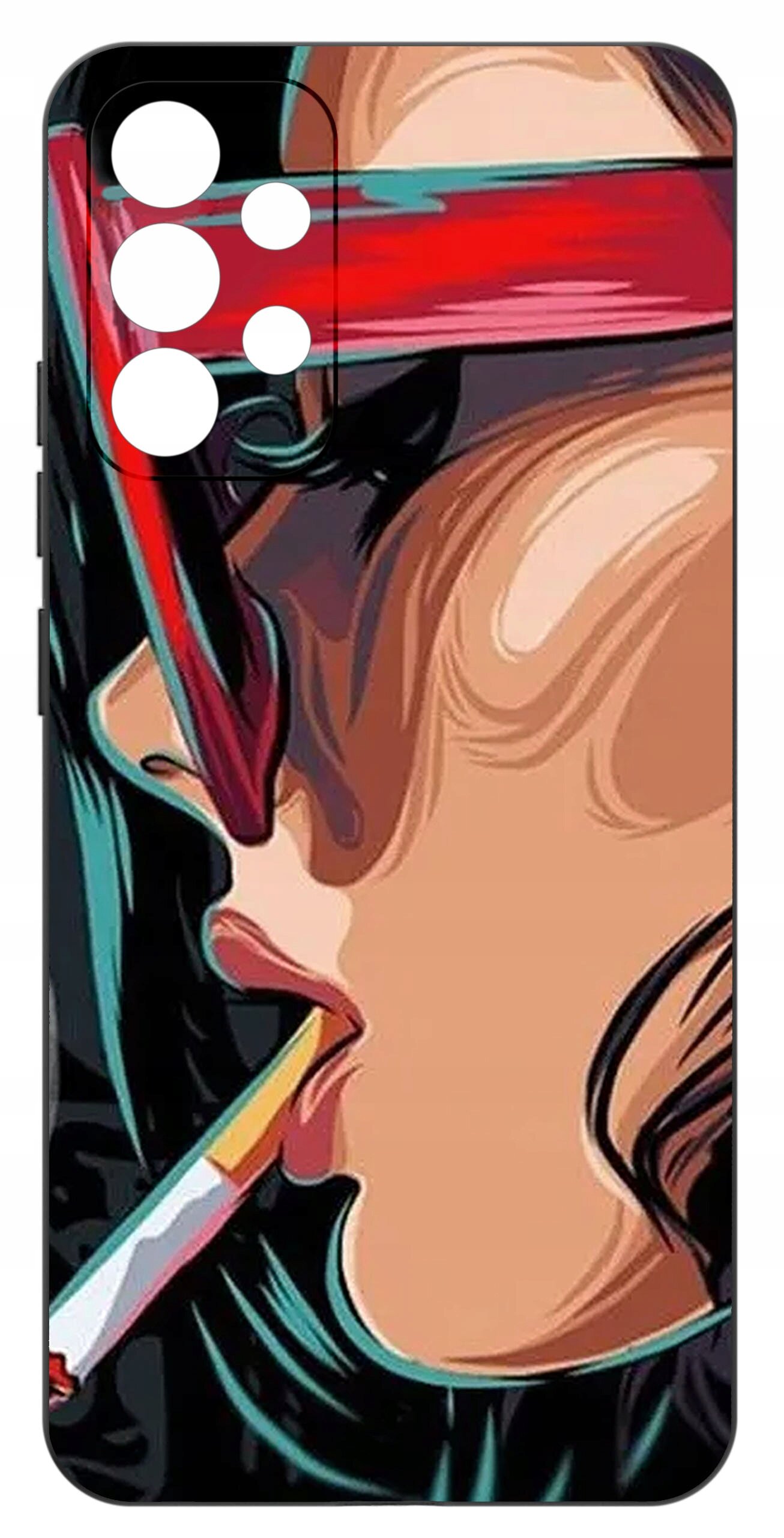 Etui na telefon z kolorowym wzorem przedstawiającym stylizowaną twarz osoby z okularami przeciwsłonecznymi i papierosem. W górnej części widoczne są wycięcia na aparat.