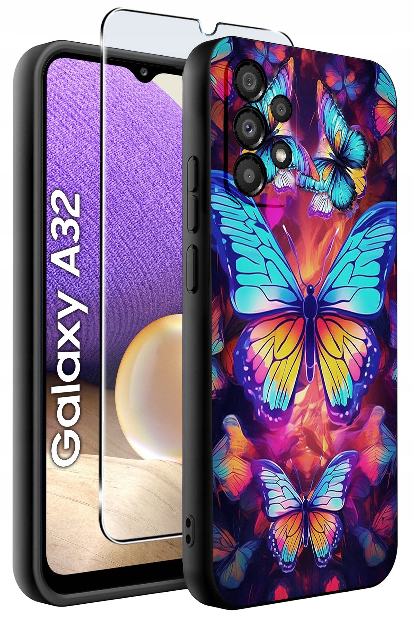 Etui na telefon z kolorowym wzorem motyli, obok którego znajduje się szkło ochronne. Na ekranie telefonu widoczny jest napis \'Galaxy A32\'.