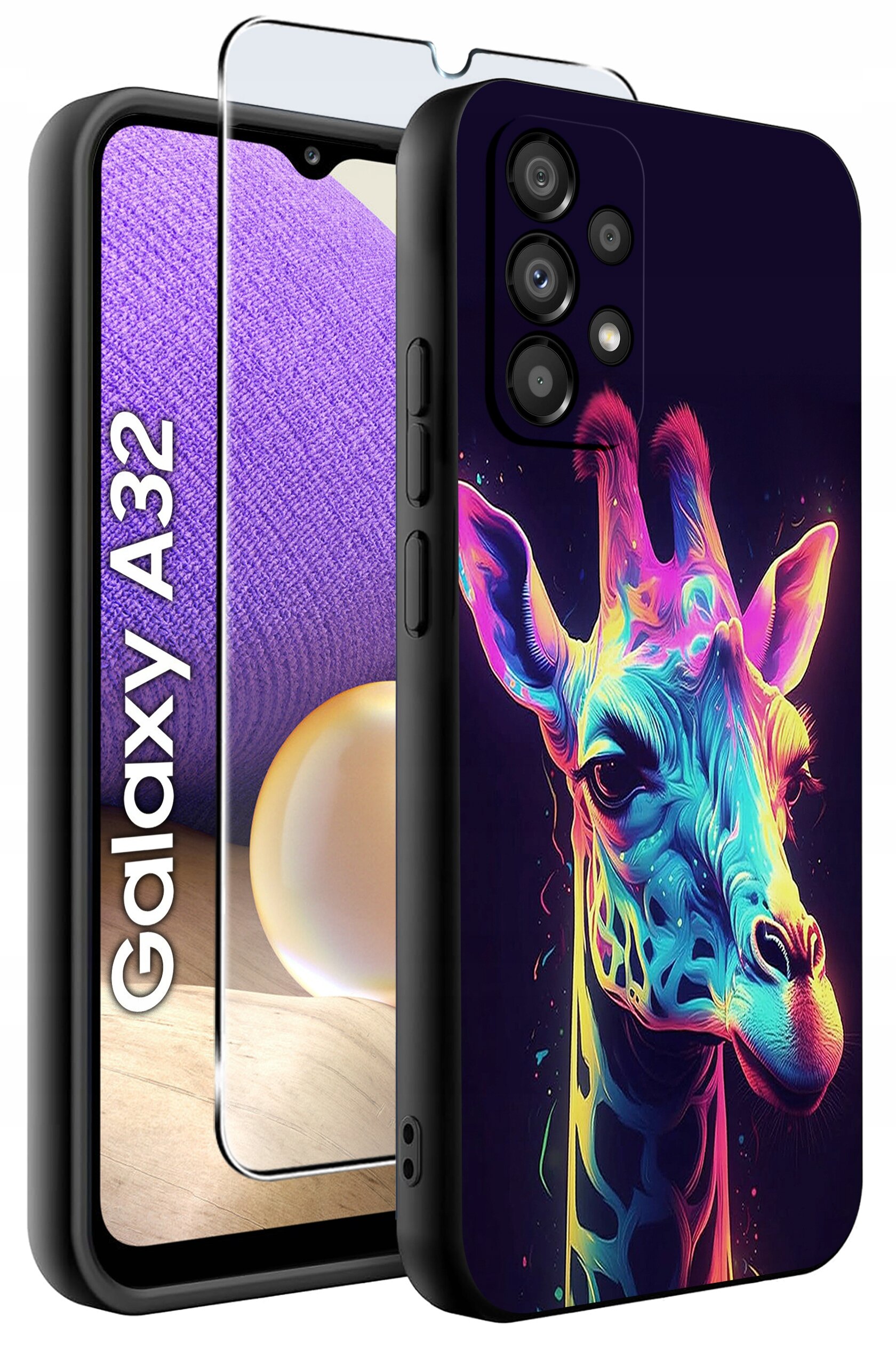 Etui na telefon z kolorowym wzorem żyrafy oraz szkło ochronne. Obok widoczny napis \'Galaxy A32\'.