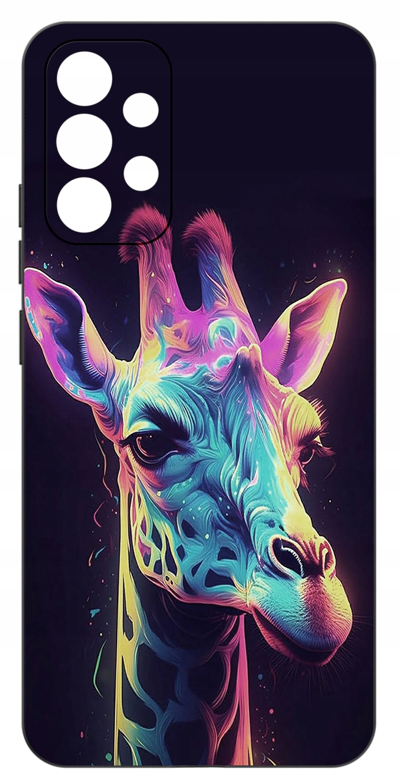 Etui na telefon z kolorowym wzorem przedstawiającym głowę żyrafy w stylu neonowym. Tło jest ciemne, co podkreśla jaskrawe kolory wzoru.