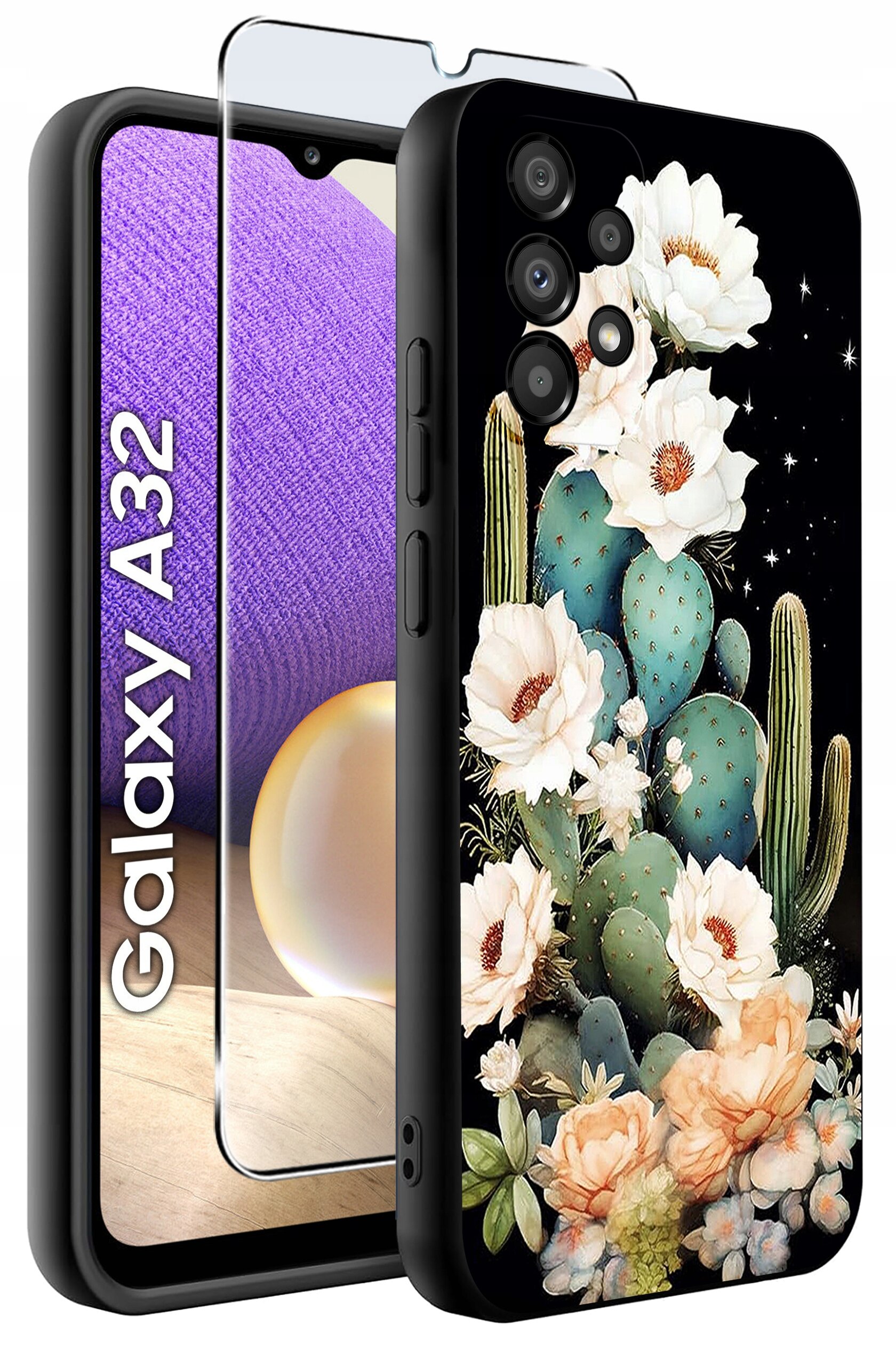 Etui na telefon z motywem kaktusów i kwiatów, obok znajduje się szkło ochronne. Widoczny napis: \'Galaxy A32\'.