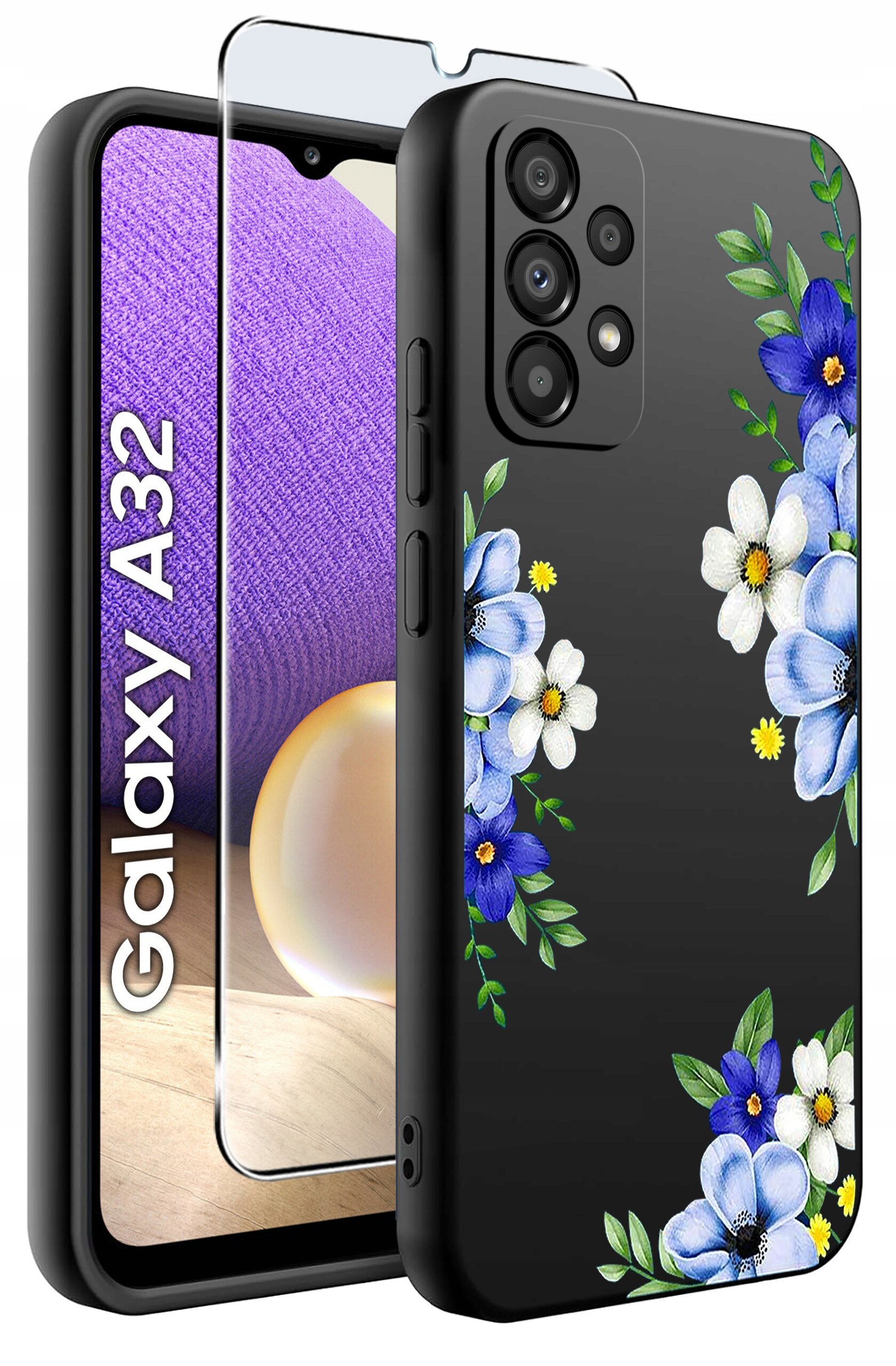 Obraz przedstawia czarne etui na telefon z kolorowym wzorem kwiatów w odcieniach niebieskiego i białego. Obok etui znajduje się szkło ochronne oraz telefon z widocznym napisem \'Galaxy A32\'.