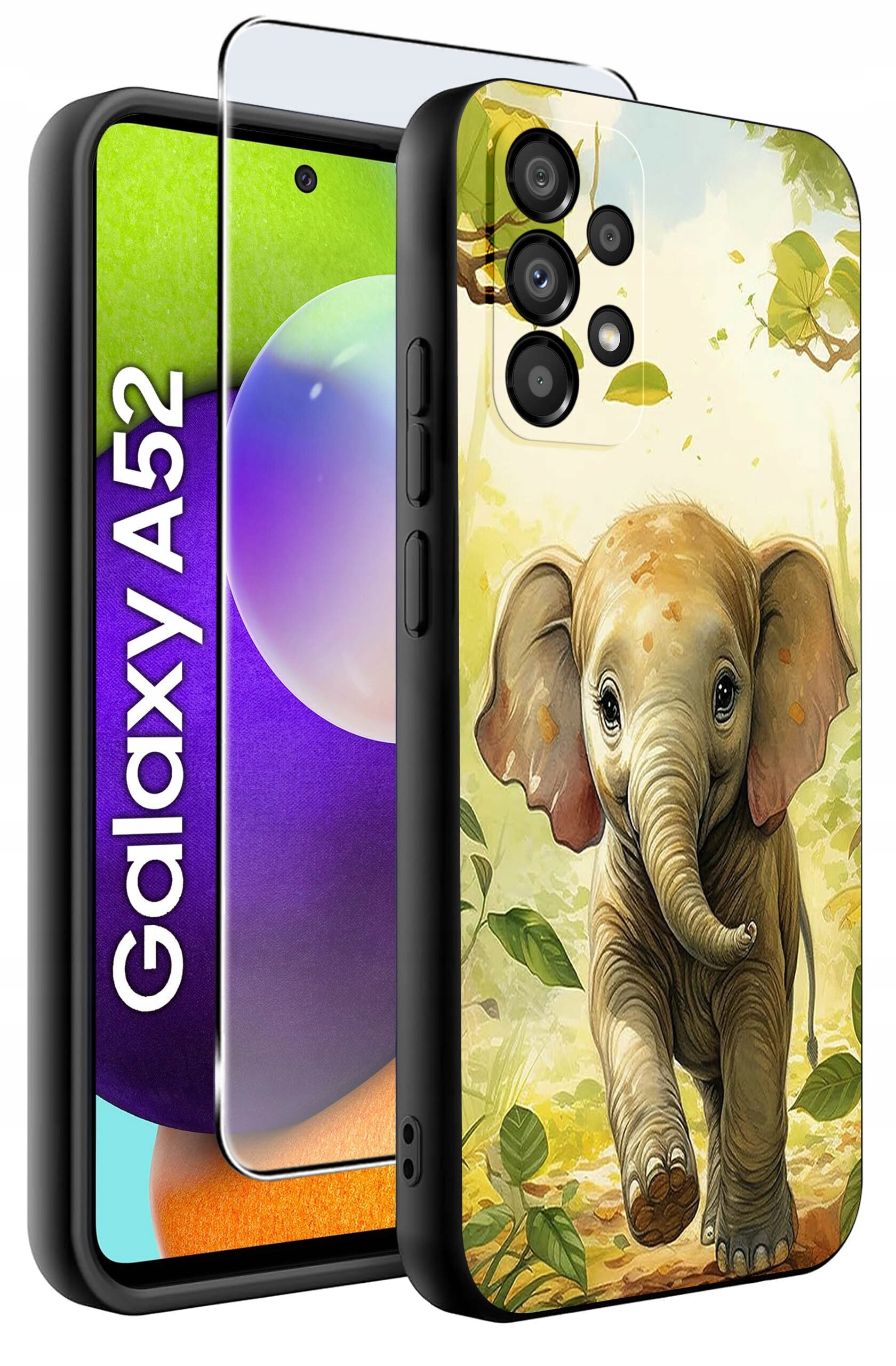 Etui na telefon z motywem słonia, obok którego znajduje się szkło ochronne. Na ekranie telefonu widoczny jest napis \'Galaxy A52\'.