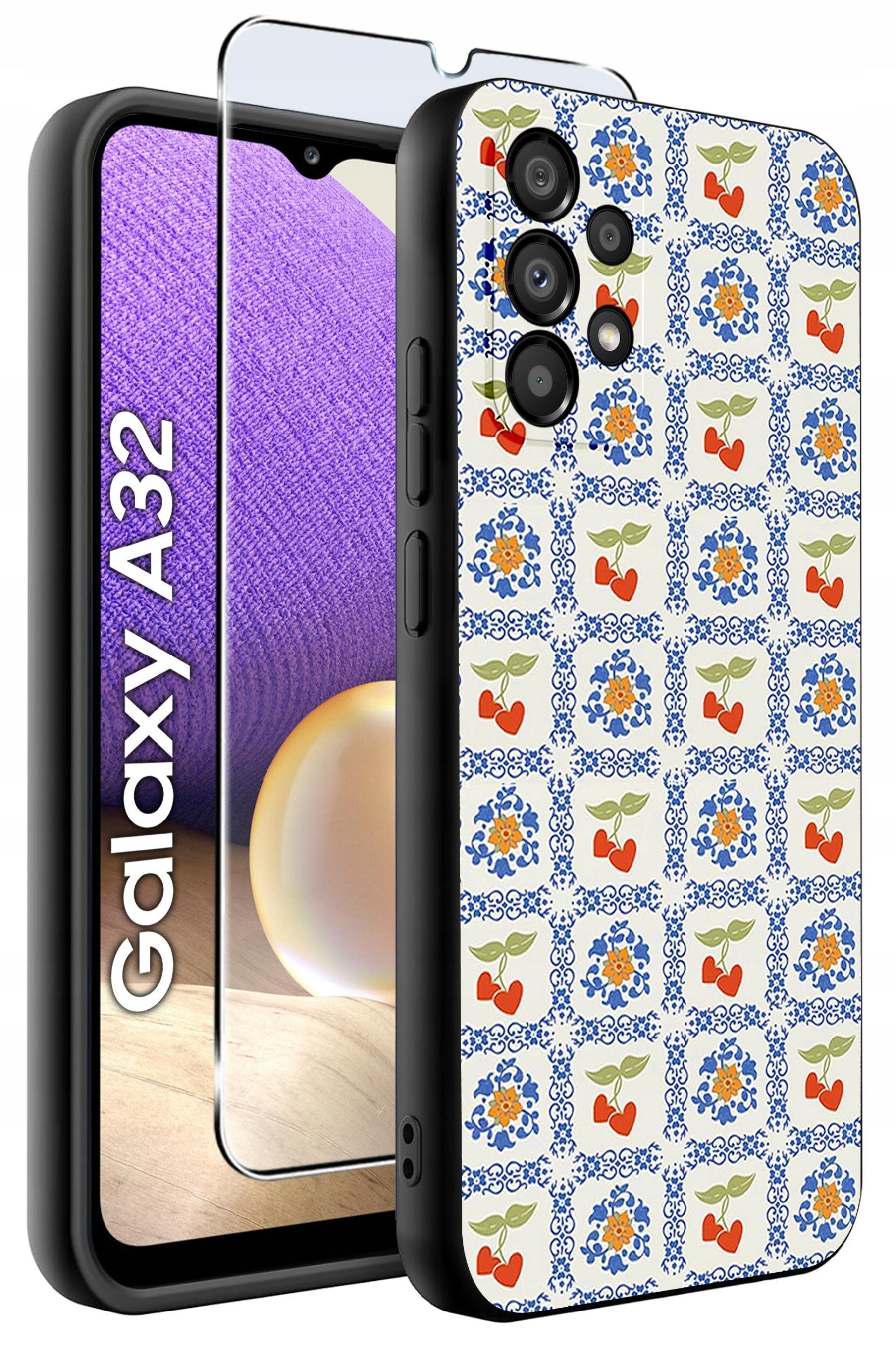 Obraz przedstawia etui na telefon z wzorem w kwiaty i owoce oraz szkło ochronne. Obok widoczny jest telefon z napisem \'Galaxy A32\'.