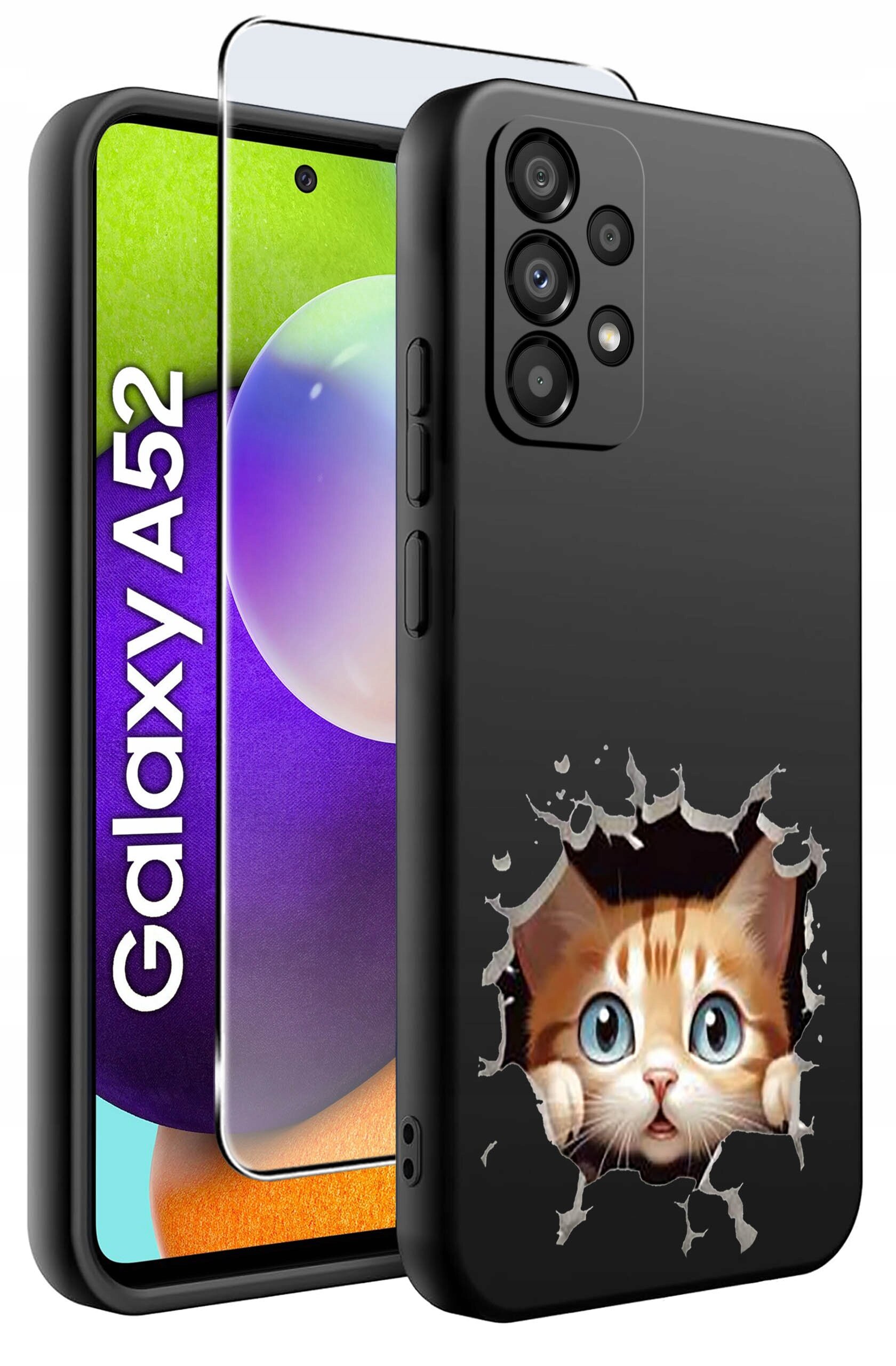 Obraz przedstawia czarne etui na telefon z nadrukiem kota wyglądającego przez dziurę. Obok etui widoczny jest telefon z napisem \'Galaxy A52\' na ekranie oraz szkło ochronne.