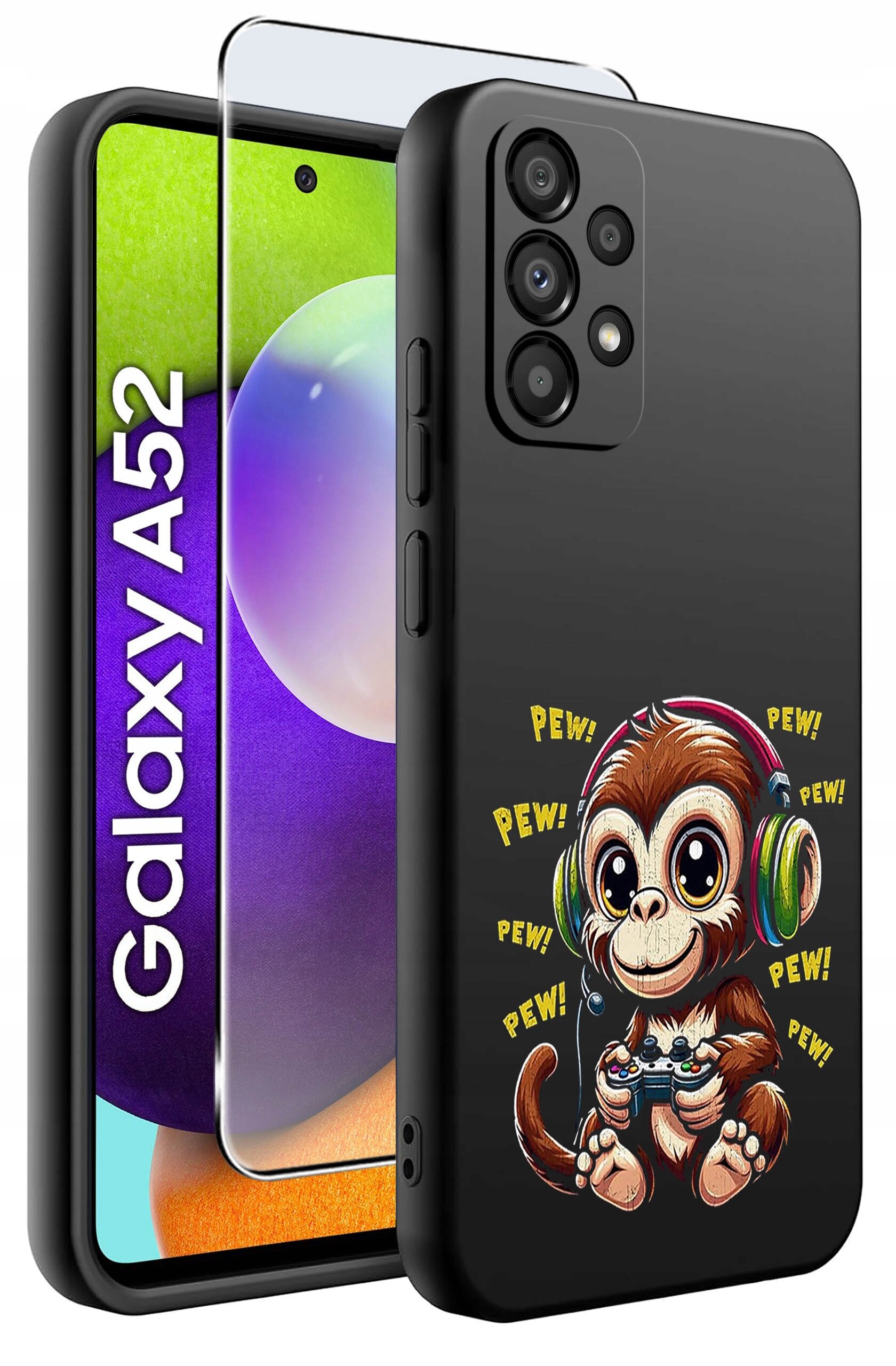 Obraz przedstawia czarne etui na telefon z nadrukiem małpki w słuchawkach trzymającej kontroler do gier, otoczonej napisem \'PEW!\'. Obok etui widoczny jest telefon z napisem \'Galaxy A52\' oraz szkło ochronne.