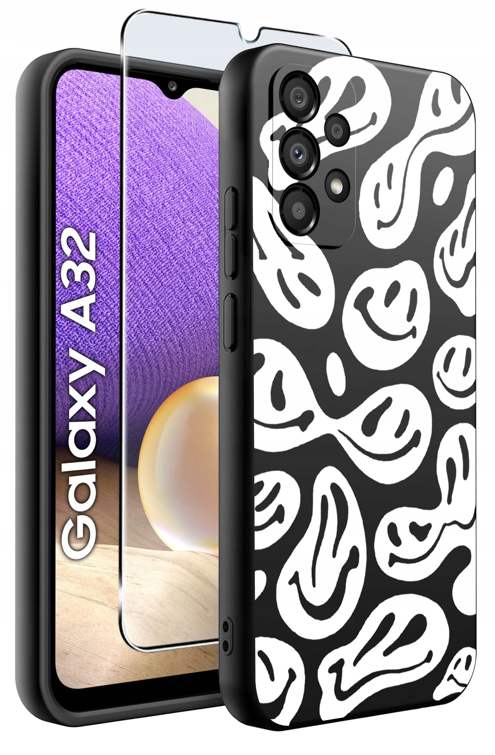 Obraz przedstawia czarne etui z białymi wzorami na telefon Samsung A32 4G oraz szkło ochronne. Na ekranie telefonu widoczny jest napis \'Galaxy A32\'.