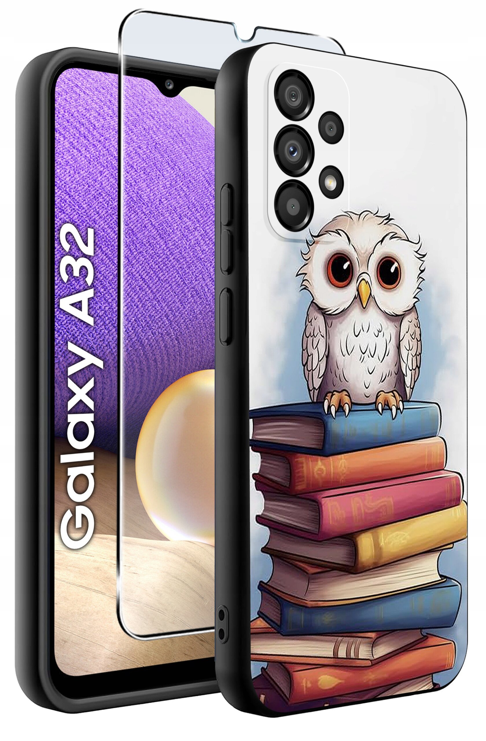 Etui na telefon z nadrukiem sowy siedzącej na stosie książek, obok widoczny jest telefon z napisem \'Galaxy A32\'.