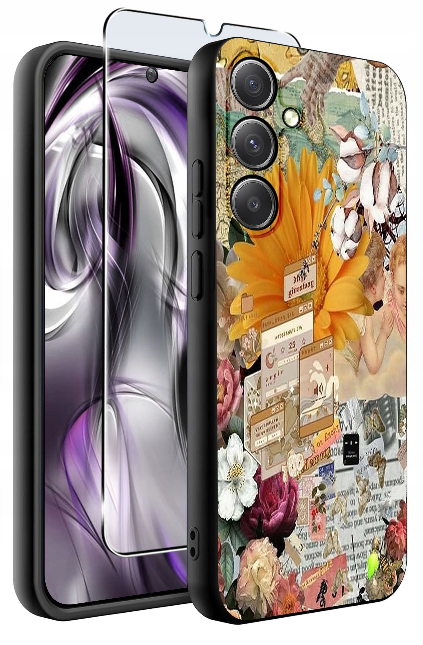 Etui na telefon z kolorowym, kwiatowym wzorem oraz elementami graficznymi i tekstowymi. Obok etui znajduje się szkło ochronne na ekran.