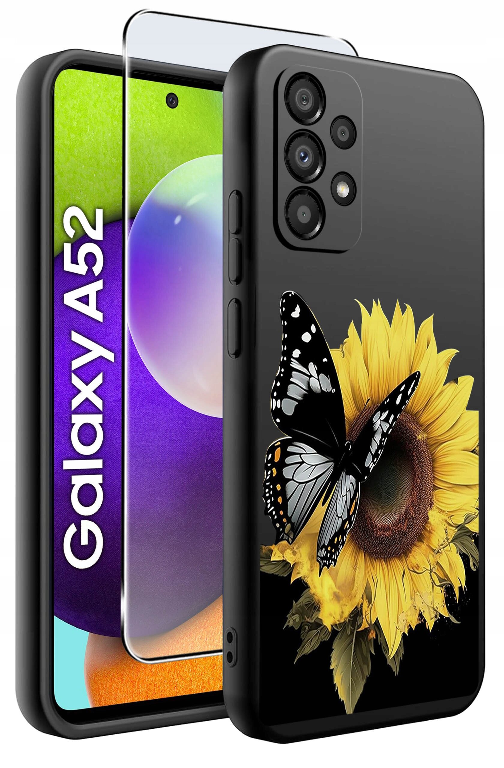 Etui na telefon z motywem słonecznika i motyla, obok którego znajduje się szkło ochronne. Na ekranie telefonu widoczny jest napis \'Galaxy A52\'.