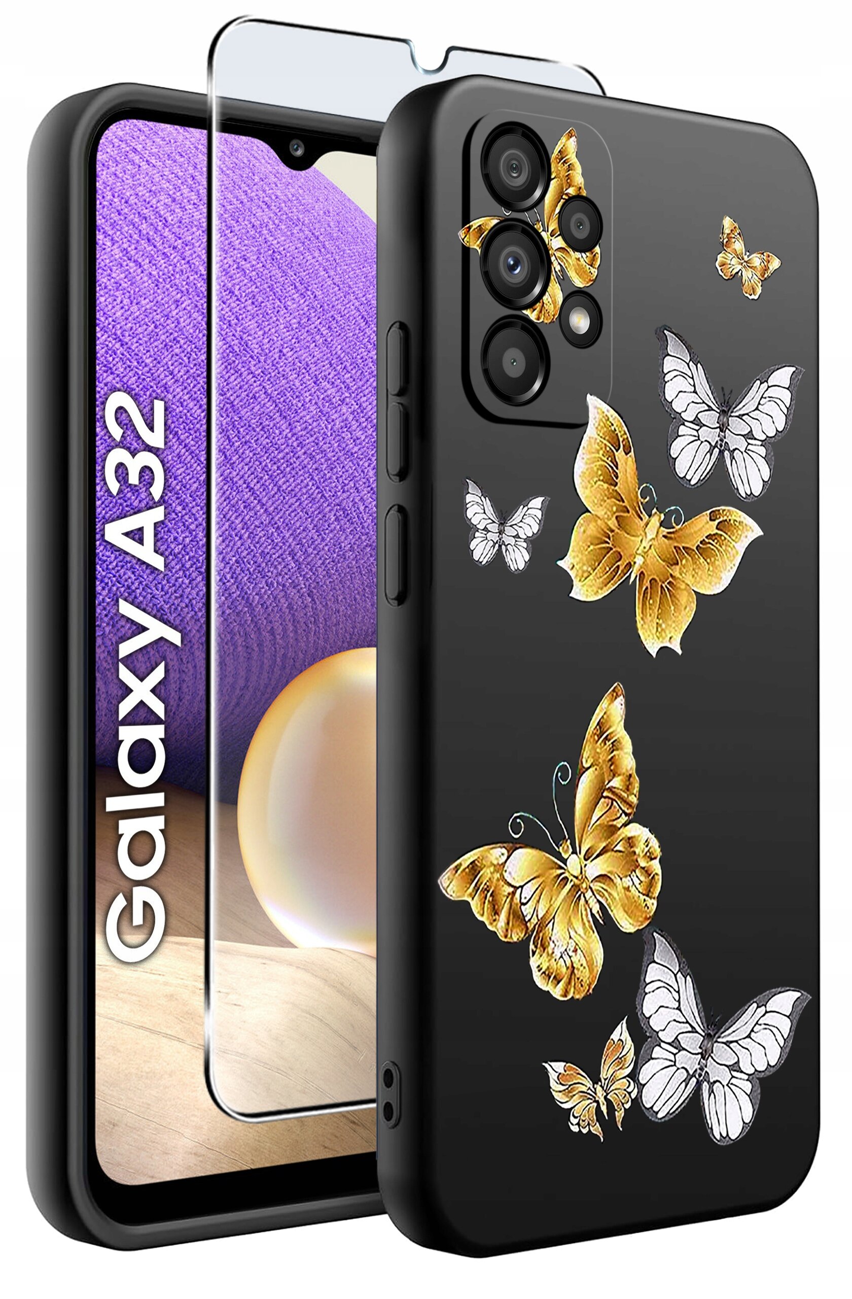 Czarne etui na telefon z motywem złotych i białych motyli, obok którego znajduje się szkło ochronne. Na ekranie telefonu widoczny jest napis \'Galaxy A32\'.