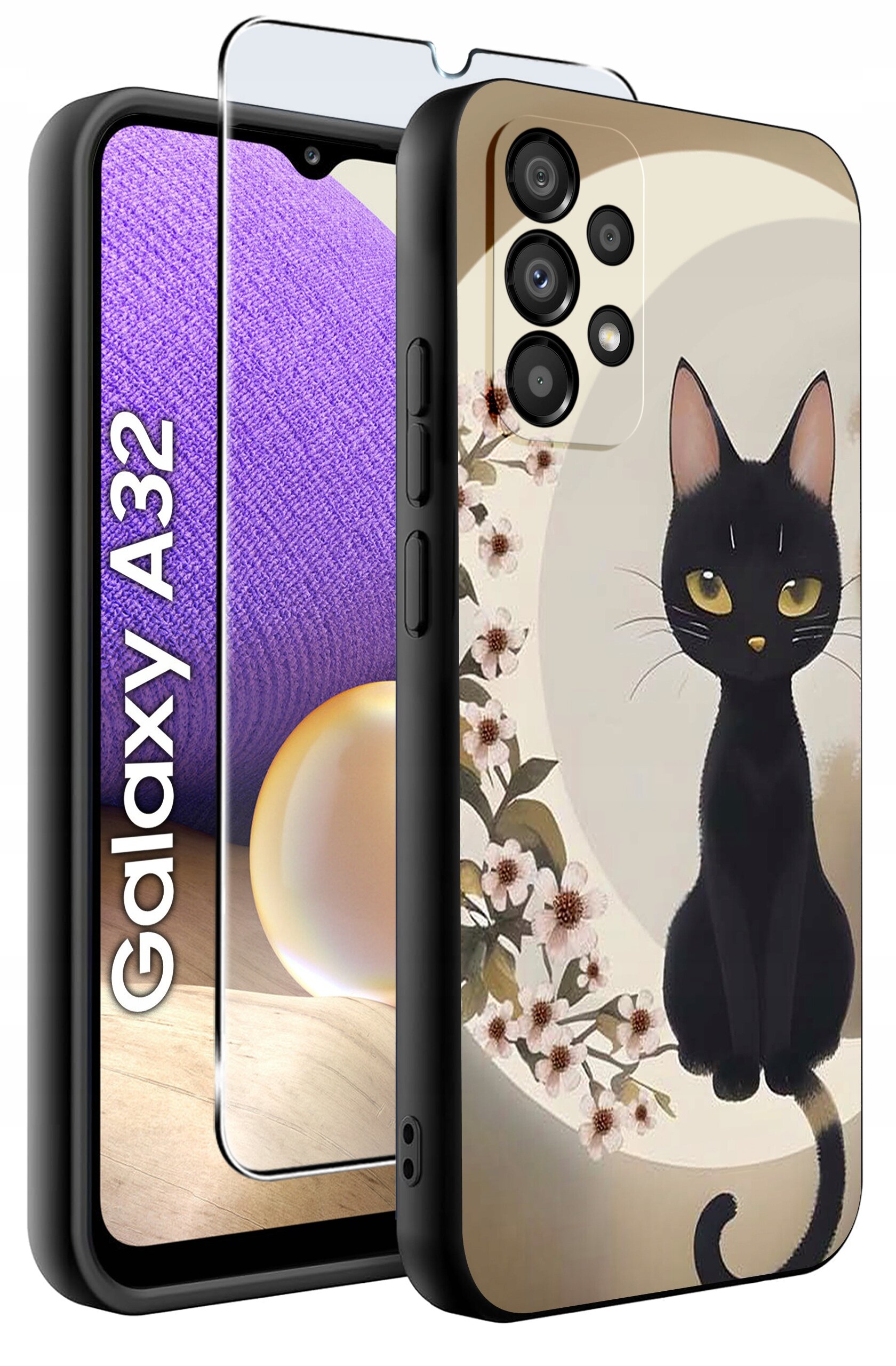 Etui na telefon z grafiką czarnego kota siedzącego obok kwiatów. Obok widoczny jest telefon z napisem \'Galaxy A32\'.