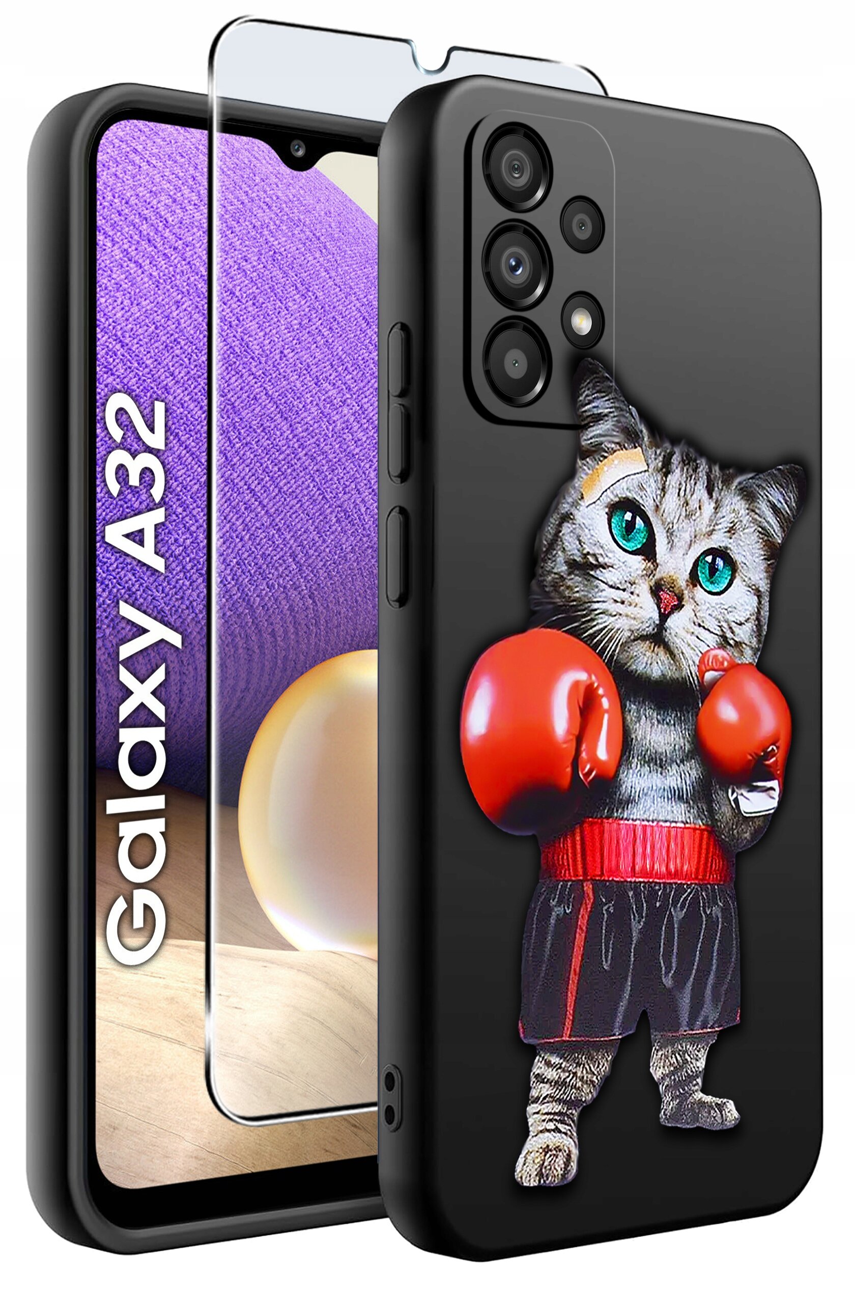 Etui na telefon z nadrukiem kota w rękawicach bokserskich, obok widoczna szybka ochronna. Na ekranie telefonu napis \'Galaxy A32\'.