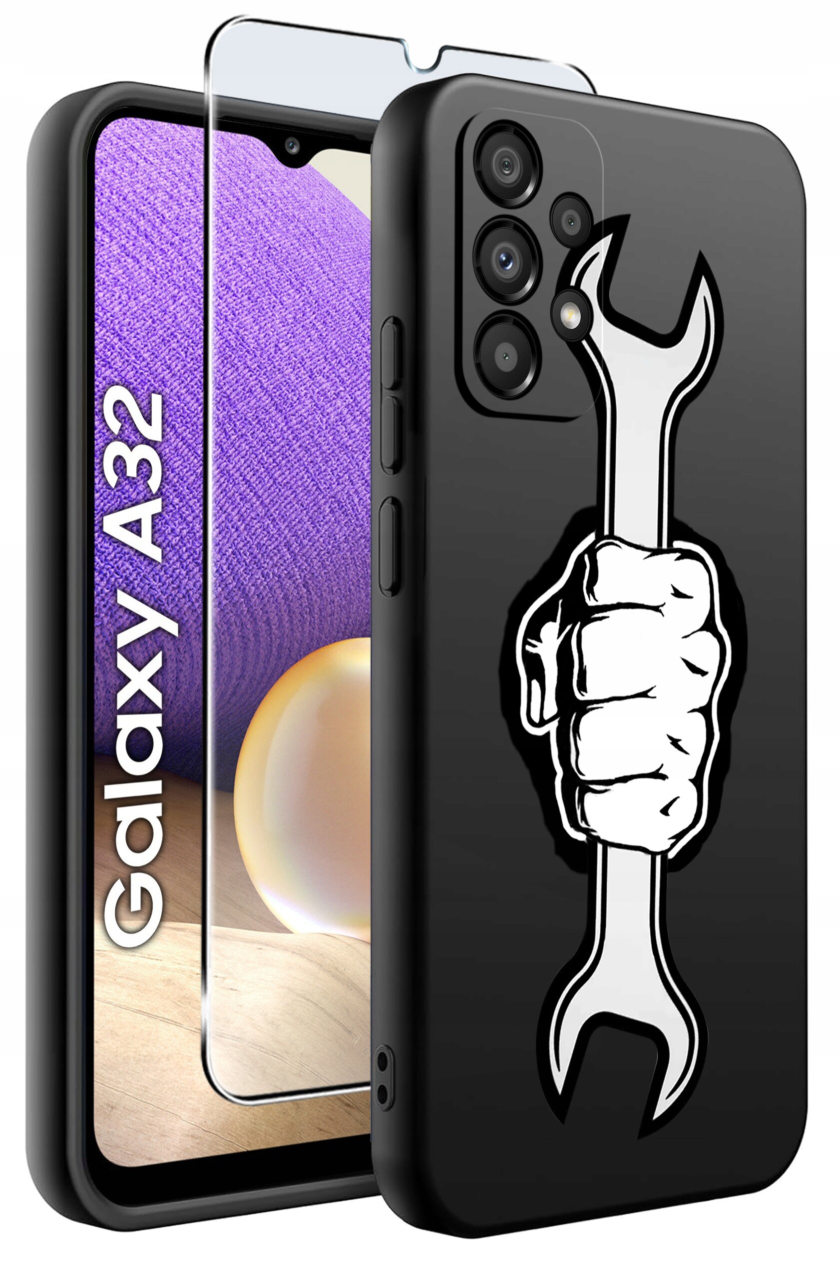 Obraz przedstawia etui na telefon z nadrukiem dłoni trzymającej klucz oraz szkło ochronne. Na ekranie telefonu widoczny jest napis \'Galaxy A32\'.