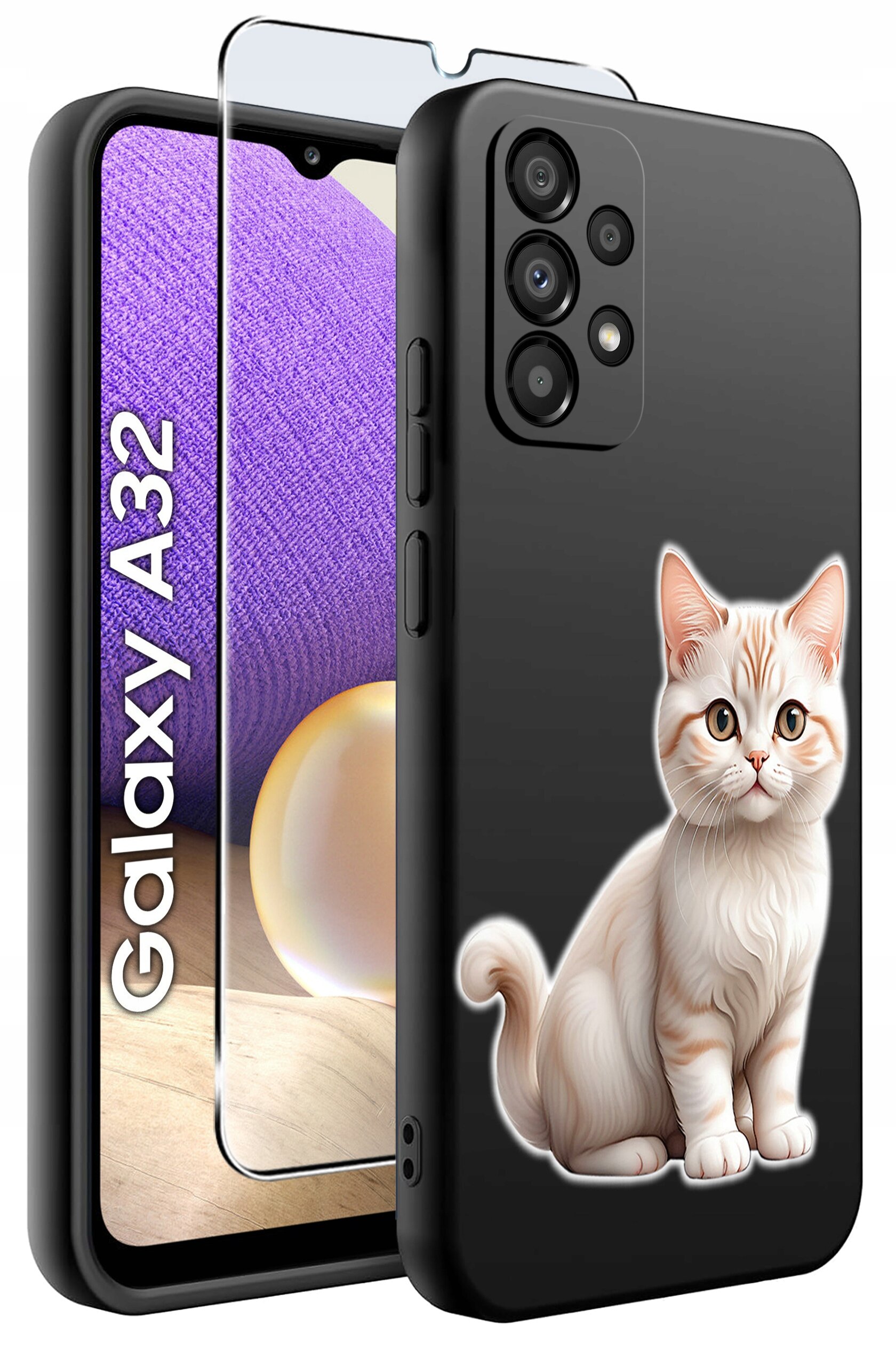 Obraz przedstawia czarne etui na telefon z nadrukiem białego kota oraz szkło ochronne. Na ekranie telefonu widoczny jest napis \'Galaxy A32\'.