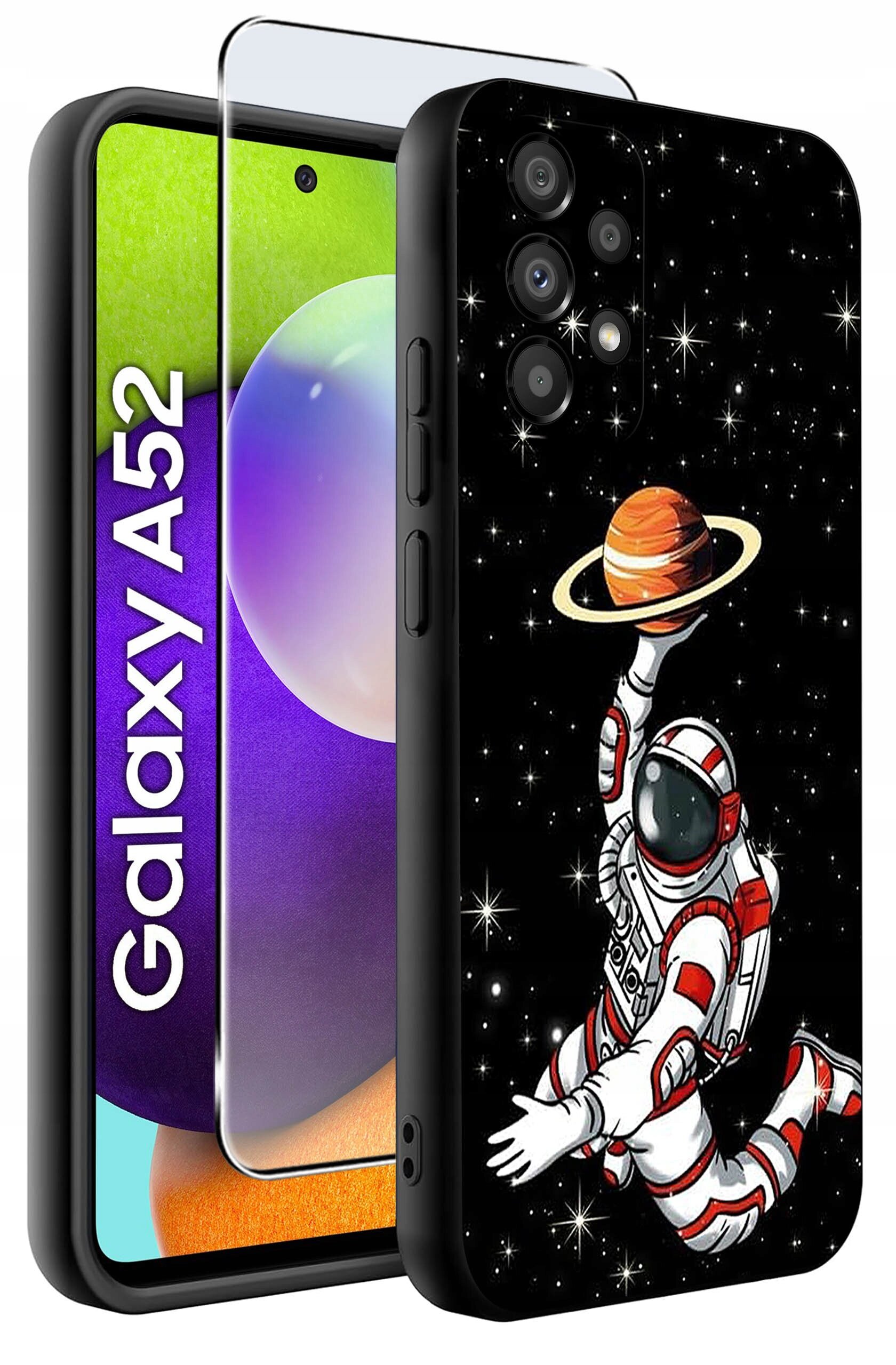 Etui na telefon z grafiką astronauty trzymającego planetę z pierścieniami na tle gwiazd. Obok widoczny jest telefon z napisem \'Galaxy A52\'.