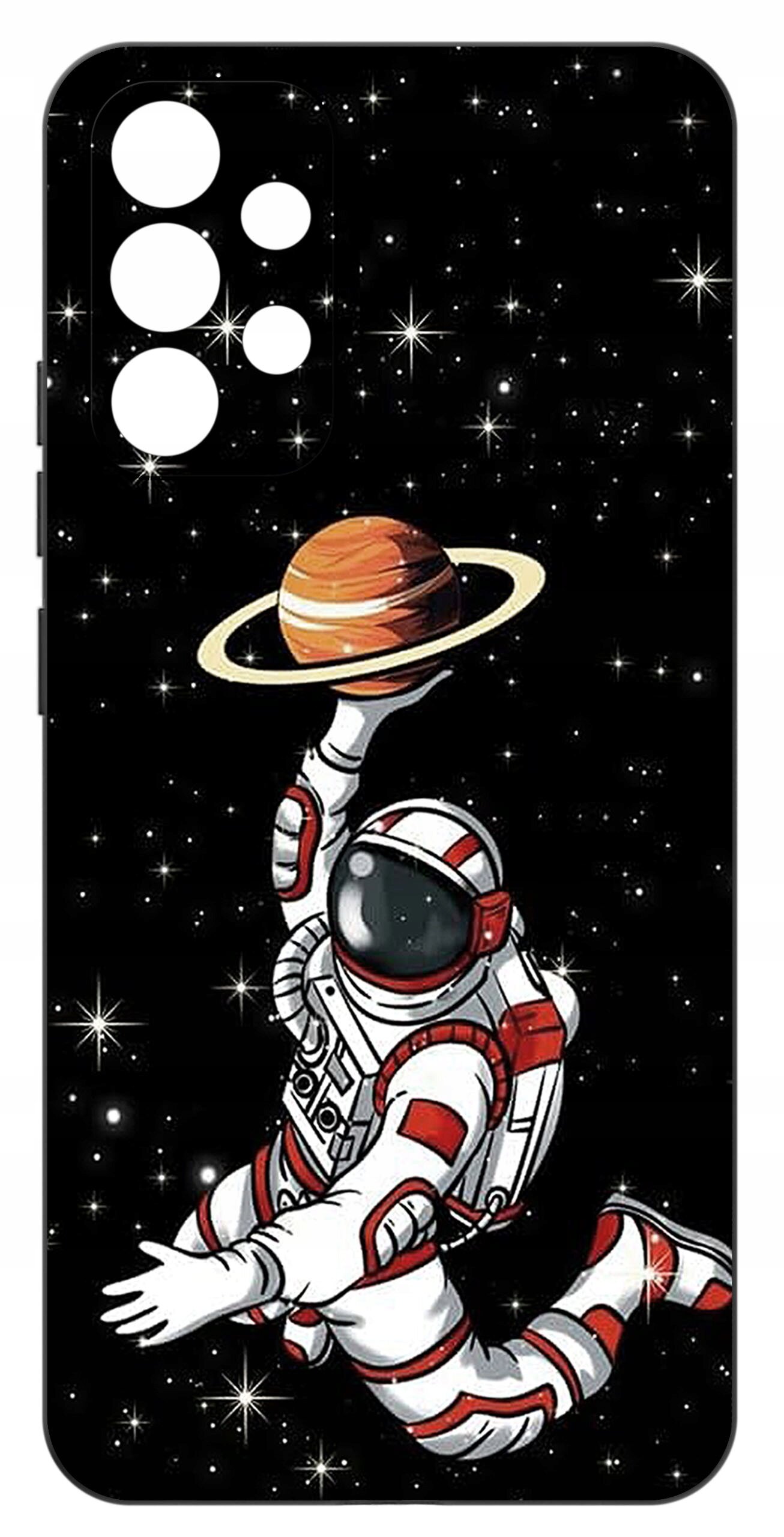 Etui na telefon z grafiką przedstawiającą astronautę unoszącego planetę z pierścieniami na tle gwiazd. Tło jest czarne z białymi gwiazdami.