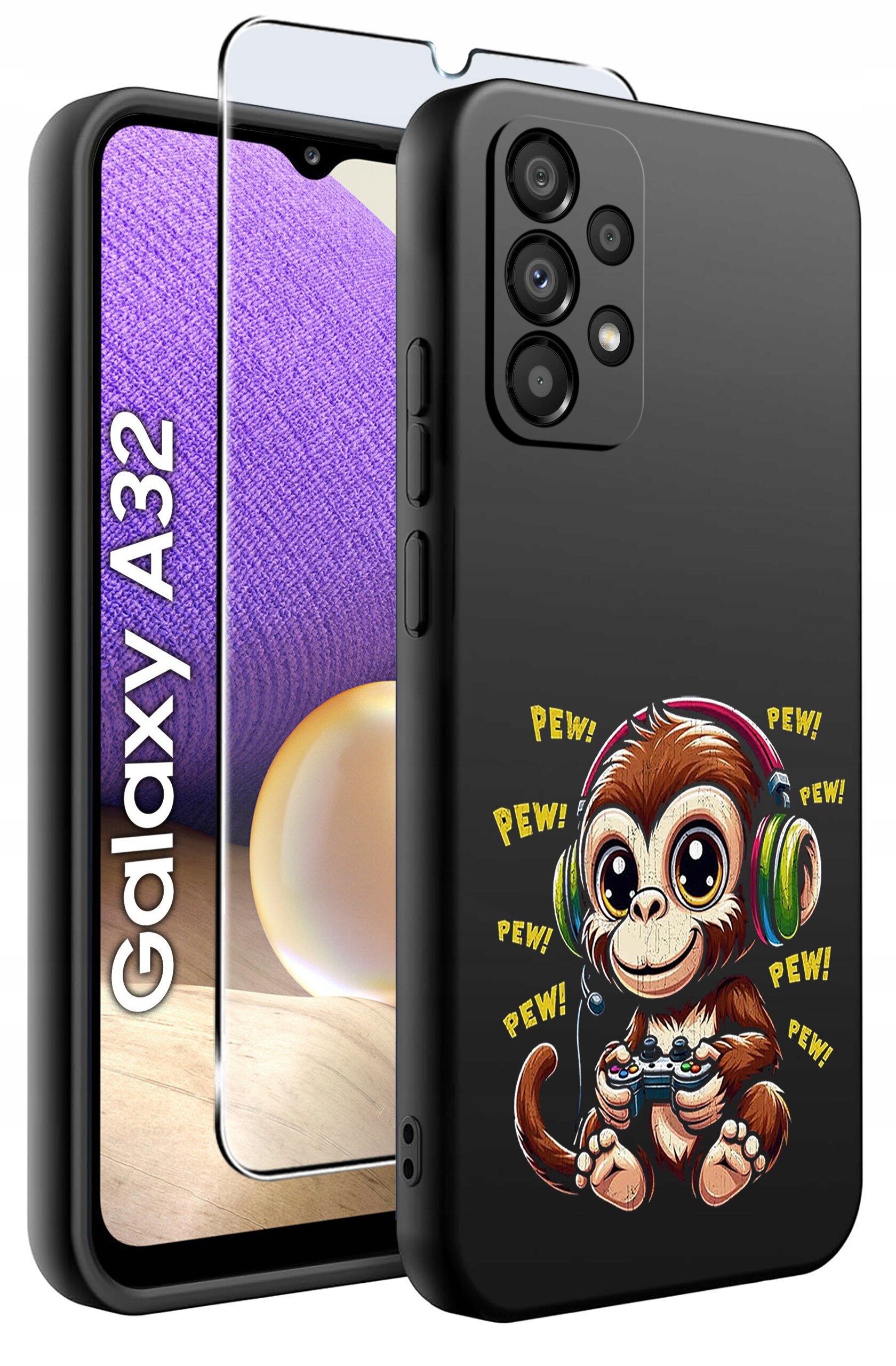 Czarne etui na telefon z kolorowym nadrukiem małpy w słuchawkach, trzymającej kontroler do gier, z napisem \'PEW!\'. Obok znajduje się szkło ochronne na ekran, a na ekranie telefonu widoczny jest napis \'Galaxy A32\'.