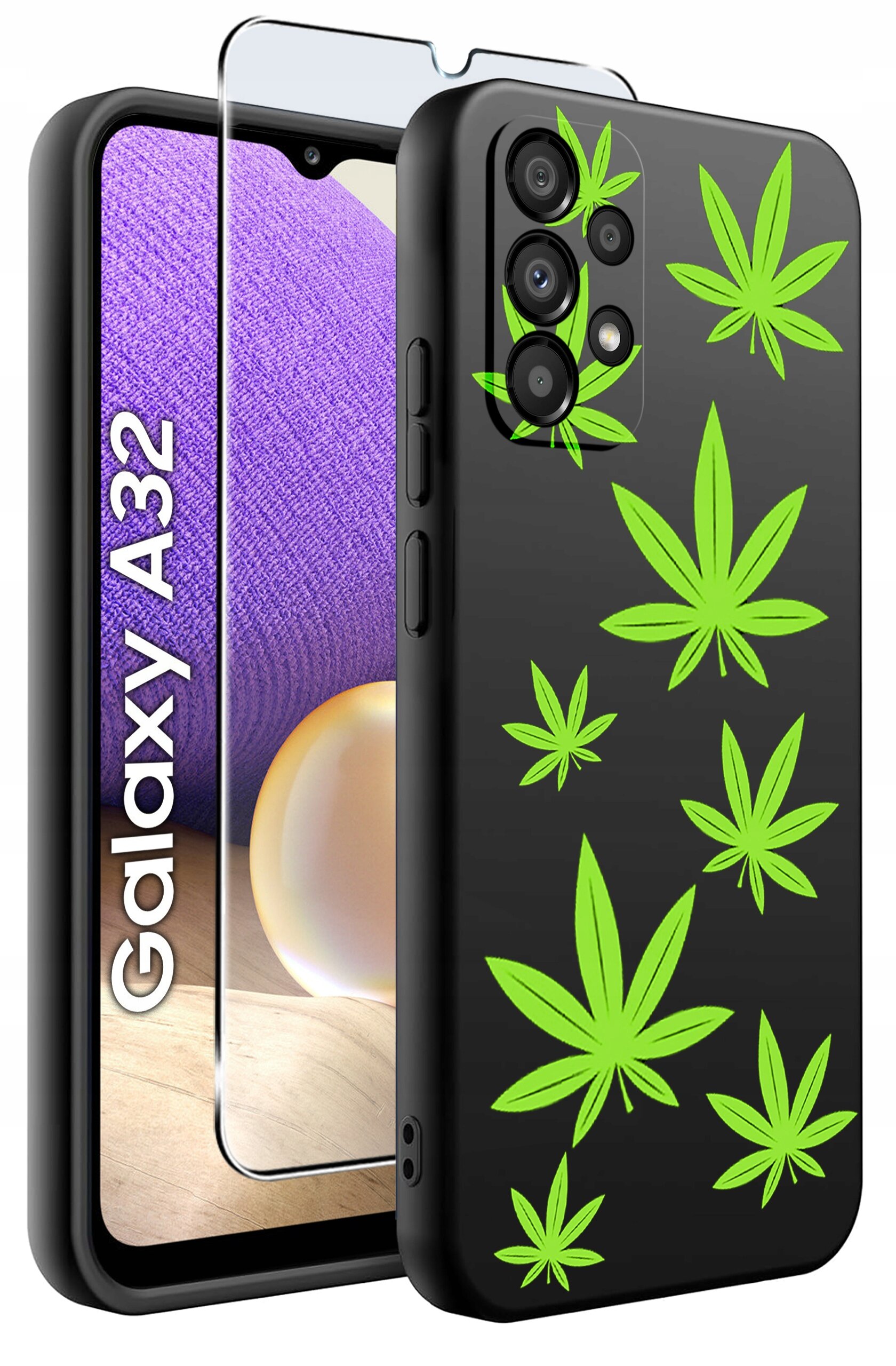 Etui na telefon z zielonymi wzorami liści na czarnym tle oraz szkło ochronne. Widoczny napis \'Galaxy A32\'.