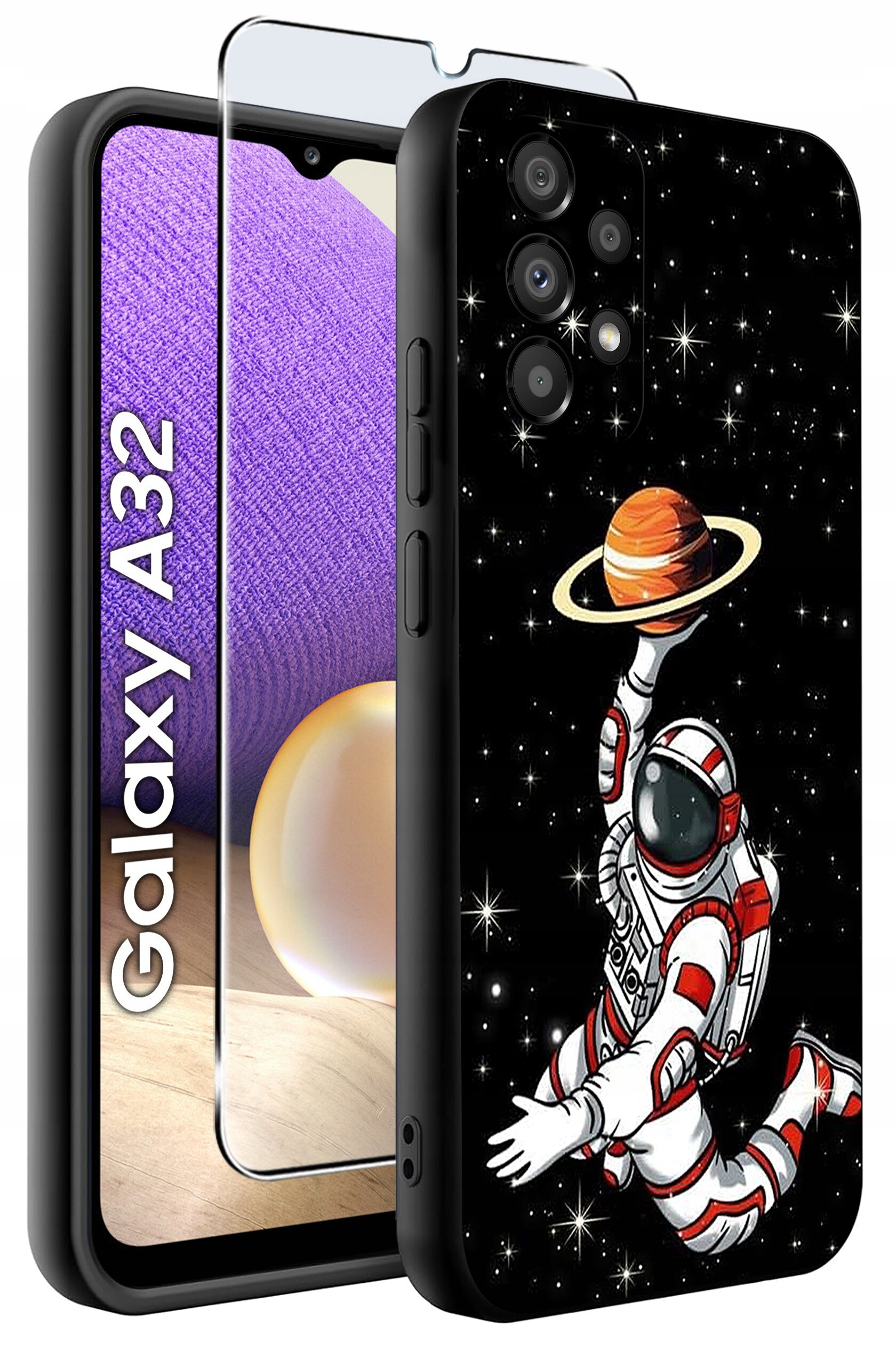 Etui na telefon z grafiką astronauty trzymającego planetę z pierścieniami na tle gwiazd. Obok widoczny jest napis \'Galaxy A32\' oraz szkło ochronne na ekran.