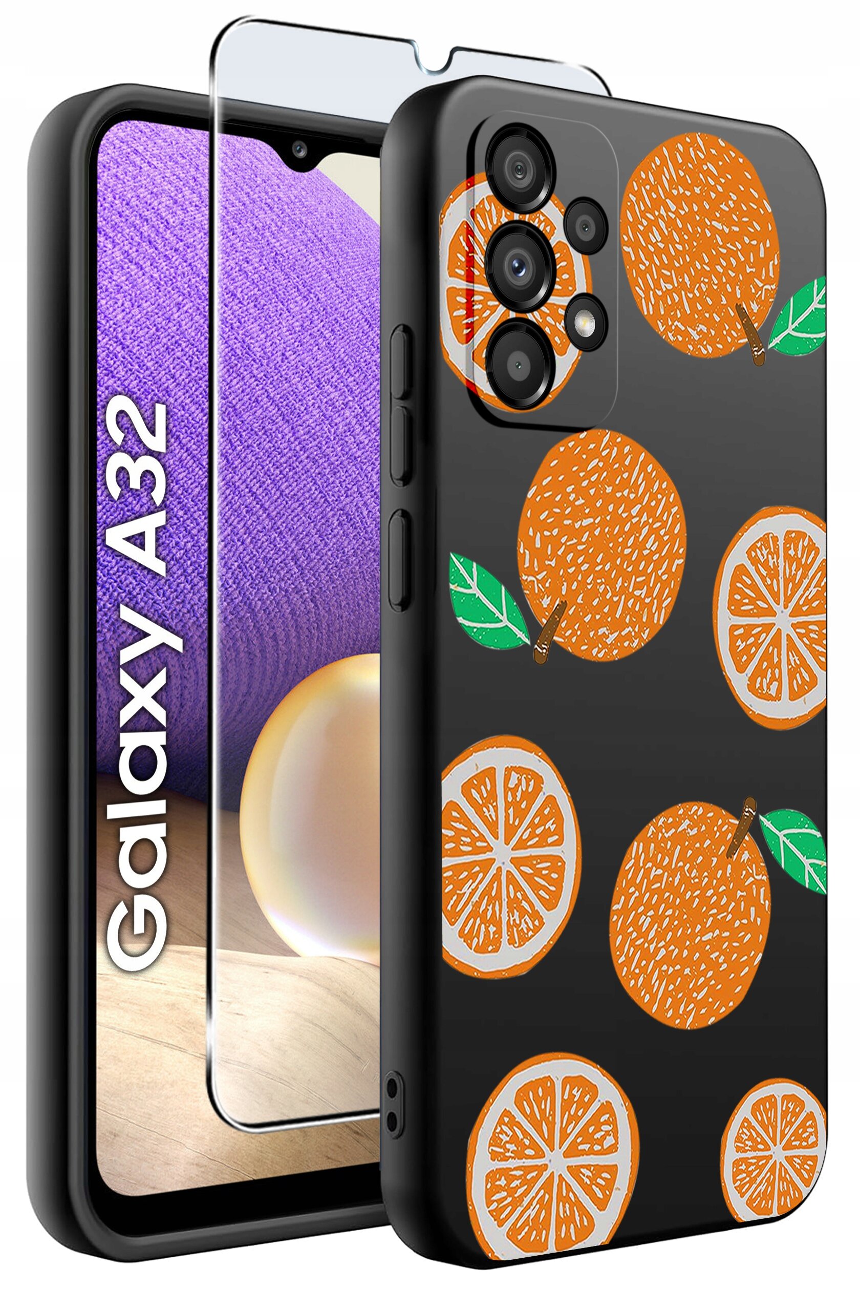 Obraz przedstawia etui na telefon z motywem pomarańczy oraz szkło ochronne. Na ekranie telefonu widoczny jest napis \'Galaxy A32\'.