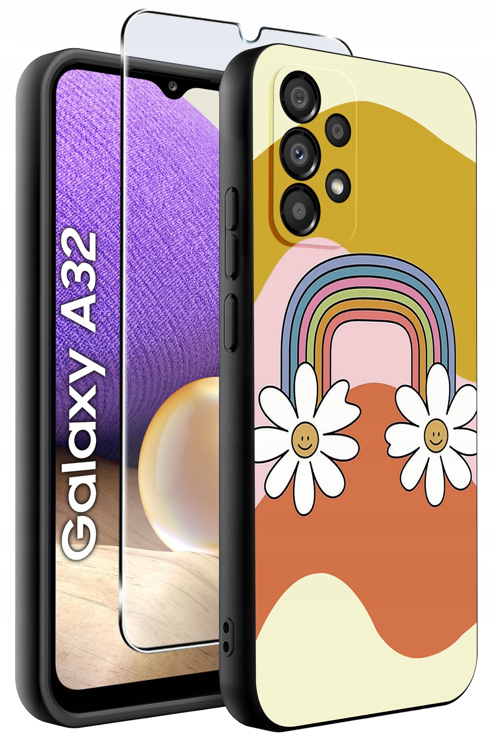 Etui na telefon z kolorowym wzorem tęczy i kwiatów, obok widoczny telefon z napisem \'Galaxy A32\'.