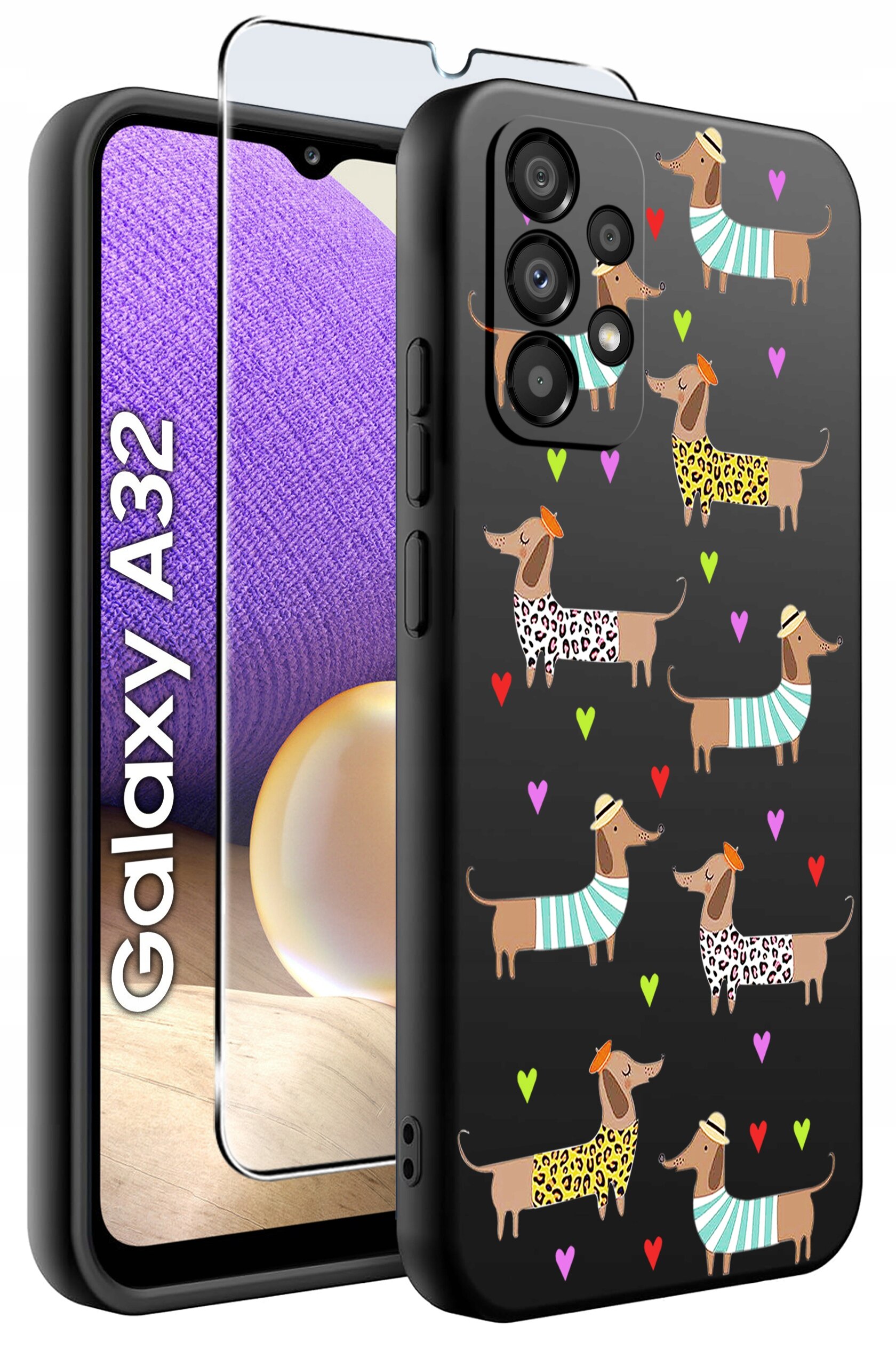 Etui na telefon z kolorowym wzorem przedstawiającym psy w różnych ubraniach oraz serca na czarnym tle. Obok etui znajduje się szkło ochronne, a na ekranie telefonu widoczny jest napis \'Galaxy A32\'.