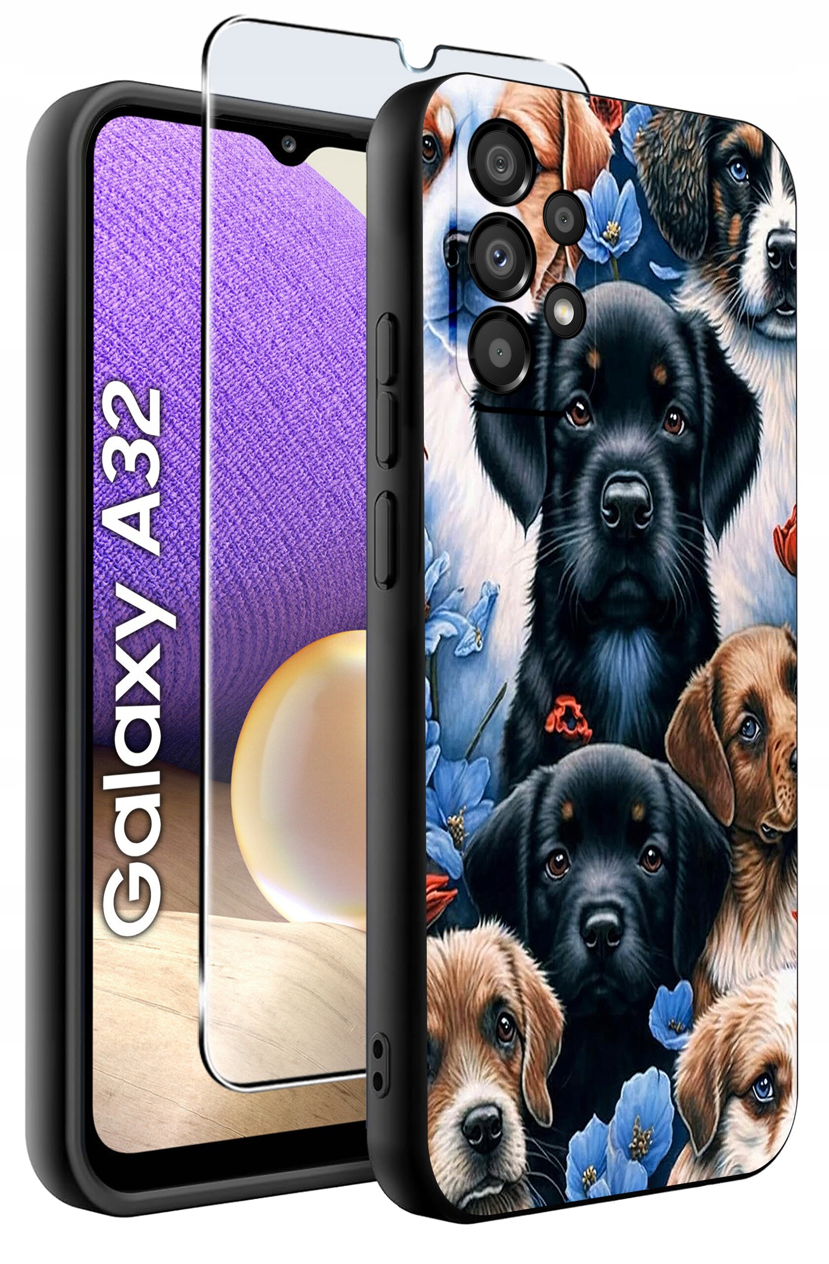 Etui na telefon z wzorem przedstawiającym psy i kwiaty, obok którego znajduje się szkło ochronne. Na ekranie telefonu widoczny jest napis \'Galaxy A32\'.