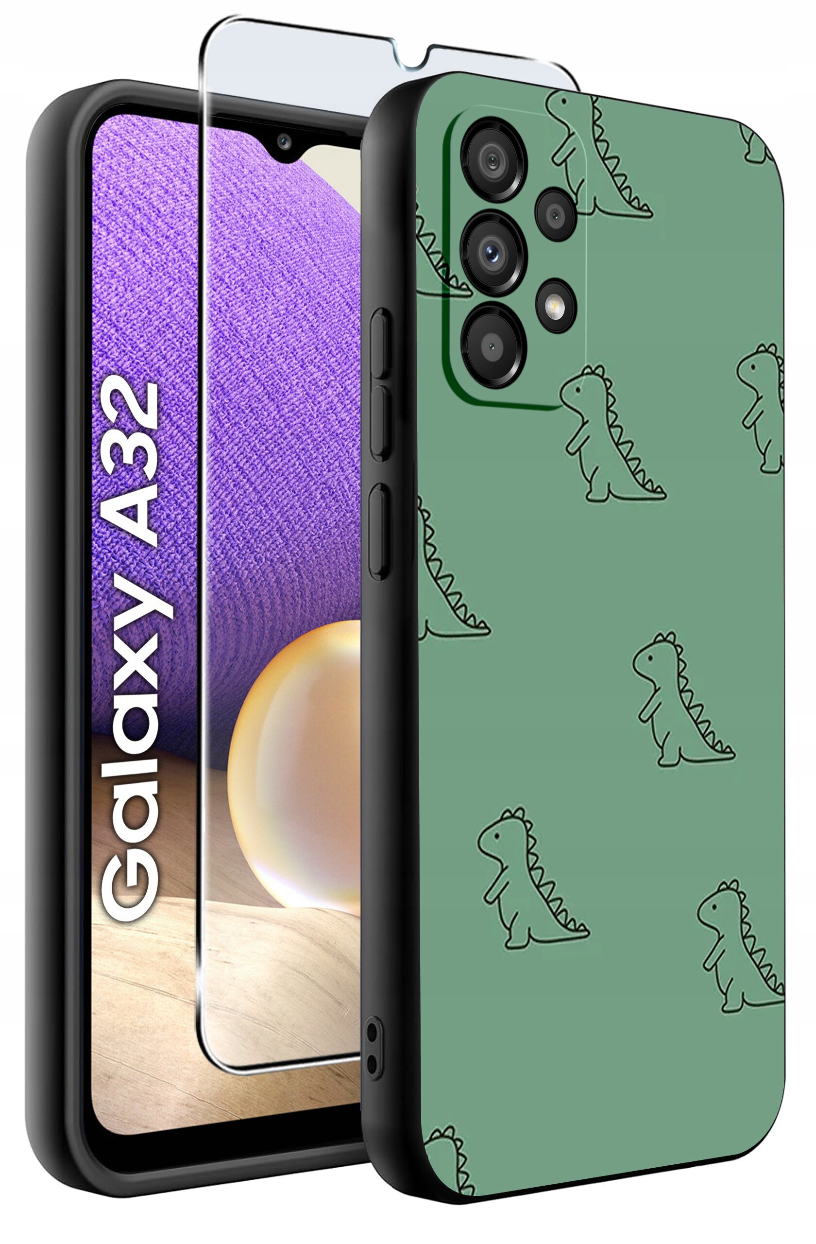 Obraz przedstawia zielone etui z wzorem dinozaurów oraz szkło ochronne na telefon Samsung Galaxy A32. Na ekranie telefonu widoczny jest napis \'Galaxy A32\'.